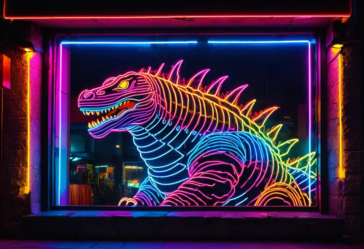 "(best quality,highres),neon sign in window of strip bar,bright colorful godzilla outline,blurry glow,vivid colors,dynamic lighting,night scene,urban,nightlife"