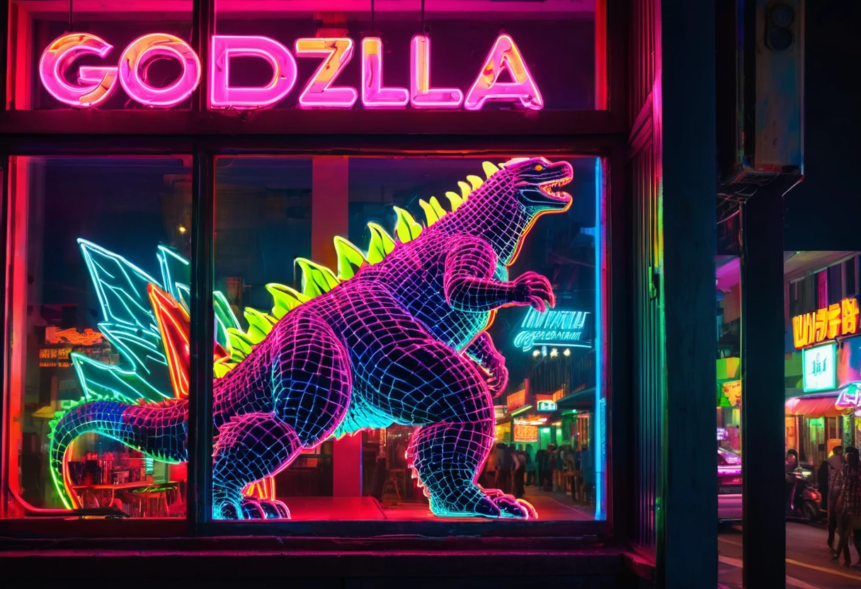 A neon sign in the window of a strip bar, the sign is a bright and colorful godzilla outline