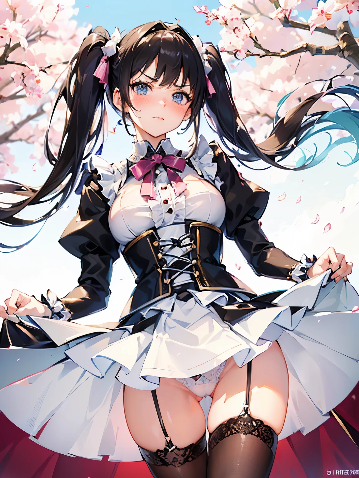 masterpiece,((highest quality)),8k wallpaper,precise expression,((very detailed explanation)),RAW photo. ((female 1)),20-year-old,super beauty,((Fine facial details)),perfect anatomy,correct anatomy,perfect face,perfect arms,,perfect fingers,perfect waist,perfect thighs,twin tails,beautiful black hair,view audience,Camera flash reflected in the eyes,((angry:1.1)),((embarrassing 1.1)),((Very detailed depiction of facial parts)),((blush:1.5)),((fine facial details)),Wear a white blouse with frills on the collar,wearing a purple corset,maid cosplay,white miniskirt with white frills,((lift the hem of the skirt)),((Show off your panties to your audience)),(Showing off her black lace panties),white stockings,((75 degree angle from bottom)),close up shot,japanese model. The background is a cherry tree,spring,noon,The wind is blowing,Many cherry blossom petals flutter,wonderful.