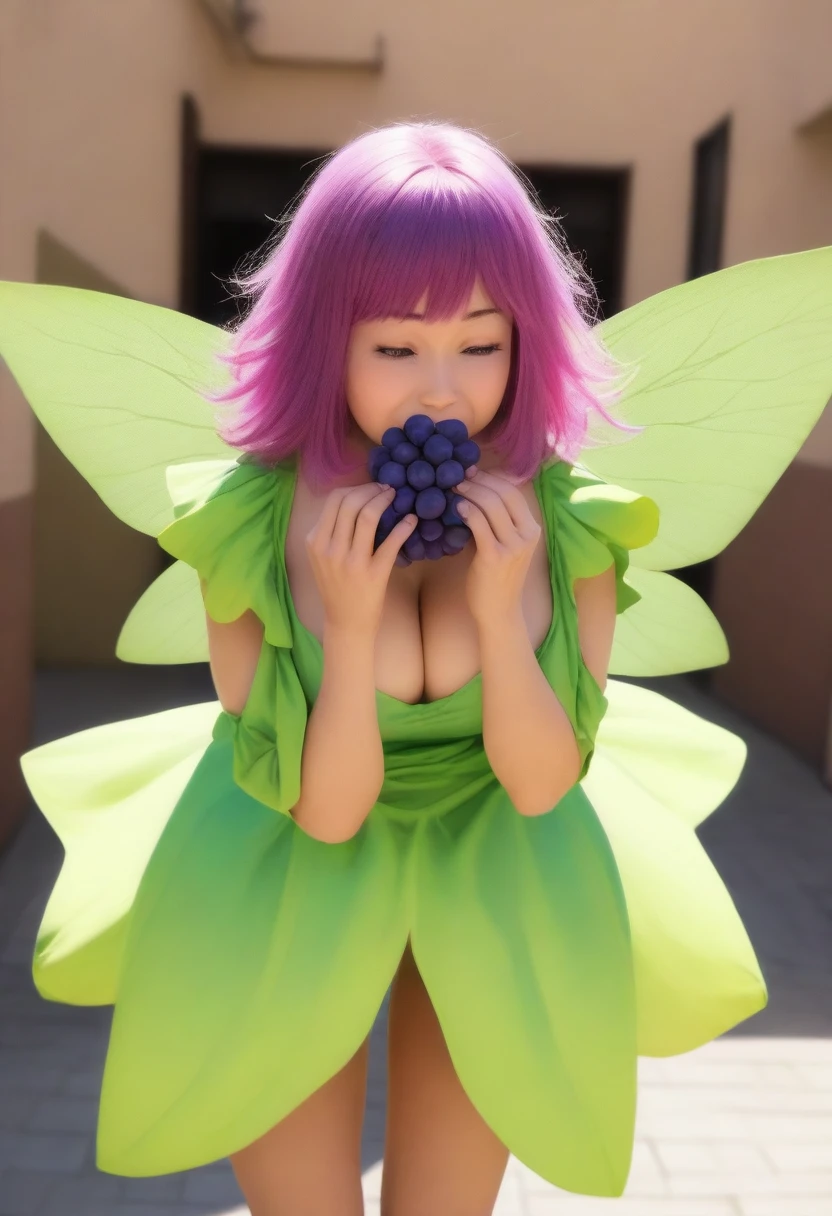masterpiece, best quality, very aesthetic, absurdres, Photo, Photorealism, Photorealistic, full_body shot, female fairy, (wing:1.5), (Wearing fairy clothes that hide body:1.5), (Eating grapes with its hands:1.5), big breasts, Daylight lighting, fully clothed, giga_busty