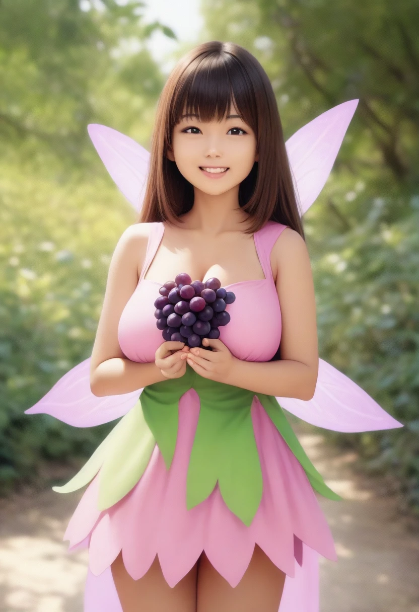 Photo, Photorealism, Photorealistic, full_body shot, female fairy, (fairy wing:1.2), (Wearing colorful clothes that hide body:1.5), (Eating grapes with its hands:1.5), Daylight lighting, cinematic pose