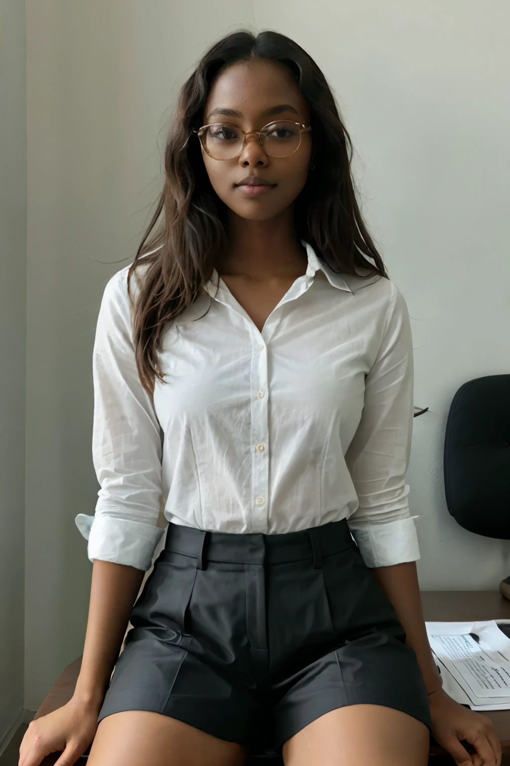 pretty dark skin girl, designer wear, dark glasses, sitting at a desk, looking front, forward, straight front