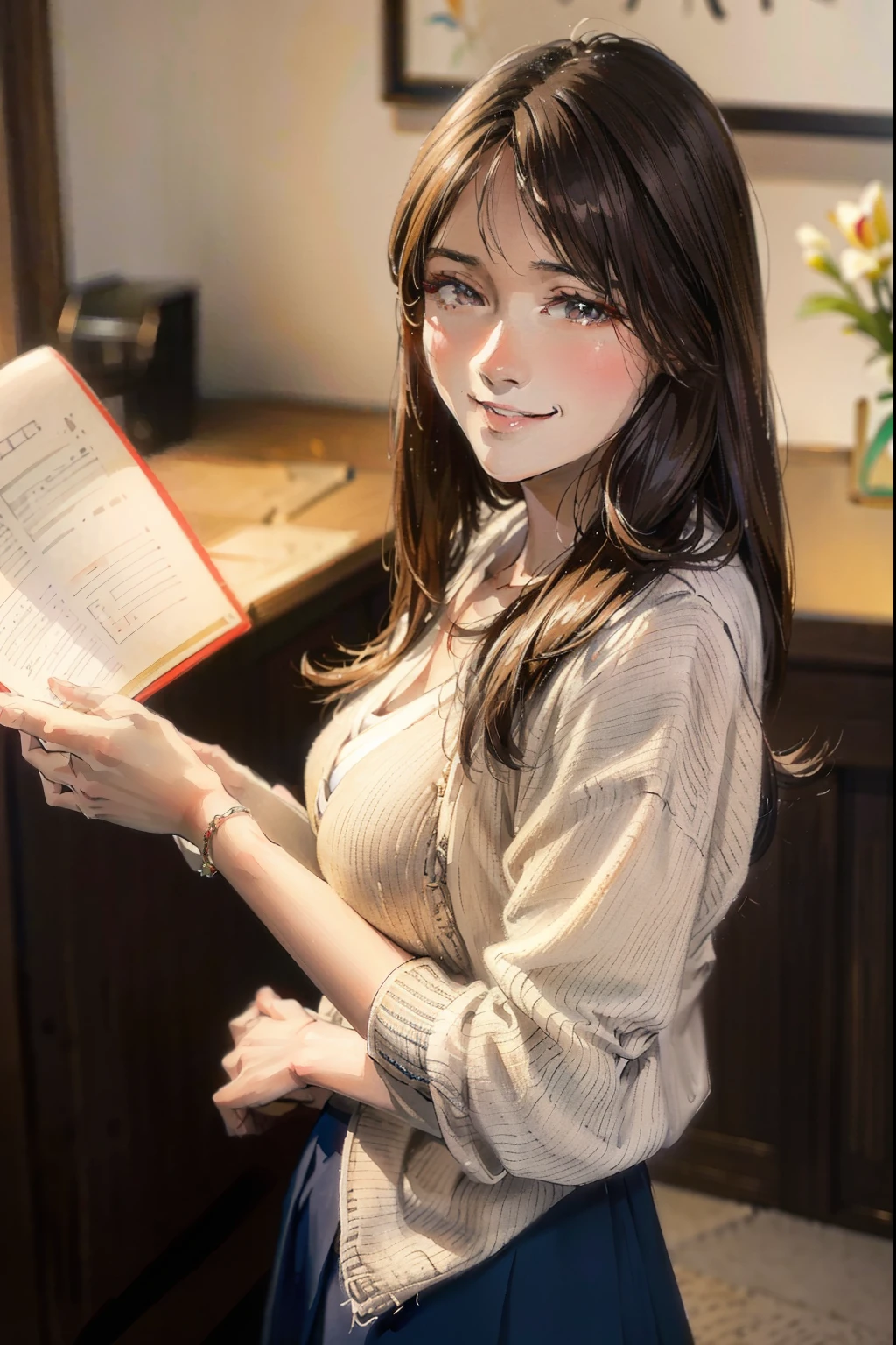 ulzzang-6500-v1.1,(masterpiece, highest quality:1.3), (Ultra-detailed 8K:1.2), (hyperrealistic:1.35),(Raw photo:1.2),highest quality, High resolution, wallpaper, realistic, ,rending with ArtStation, Trending on CGsociety, sharp focus, (dramatic, Realistic painting art by Midjourney:1.3) 
BREAK 
(Japanese women:1.3), 20 years old, (bewitching smile:1.3), action, gravure, sexy, super beautiful, beautiful skin, beautiful and detailed eyes, detailed face, Perfect style, large breasts., Moderately, clean long hair, brunette hair, dark brown eyes, look at the camera, (Full body shot from the front,full body,full shot:1.3),Very popular and beautiful young news show host standing with knees together,Bunches long hair back,knees visible through shirt, cardigan, cute tulip skirt,(He tilts his chin and smiles as he reads the manuscript.:1.3),best image quality,professional angle of view,,Beautiful face with a delicate and high nose,Proud F cup breasts,tight waist,