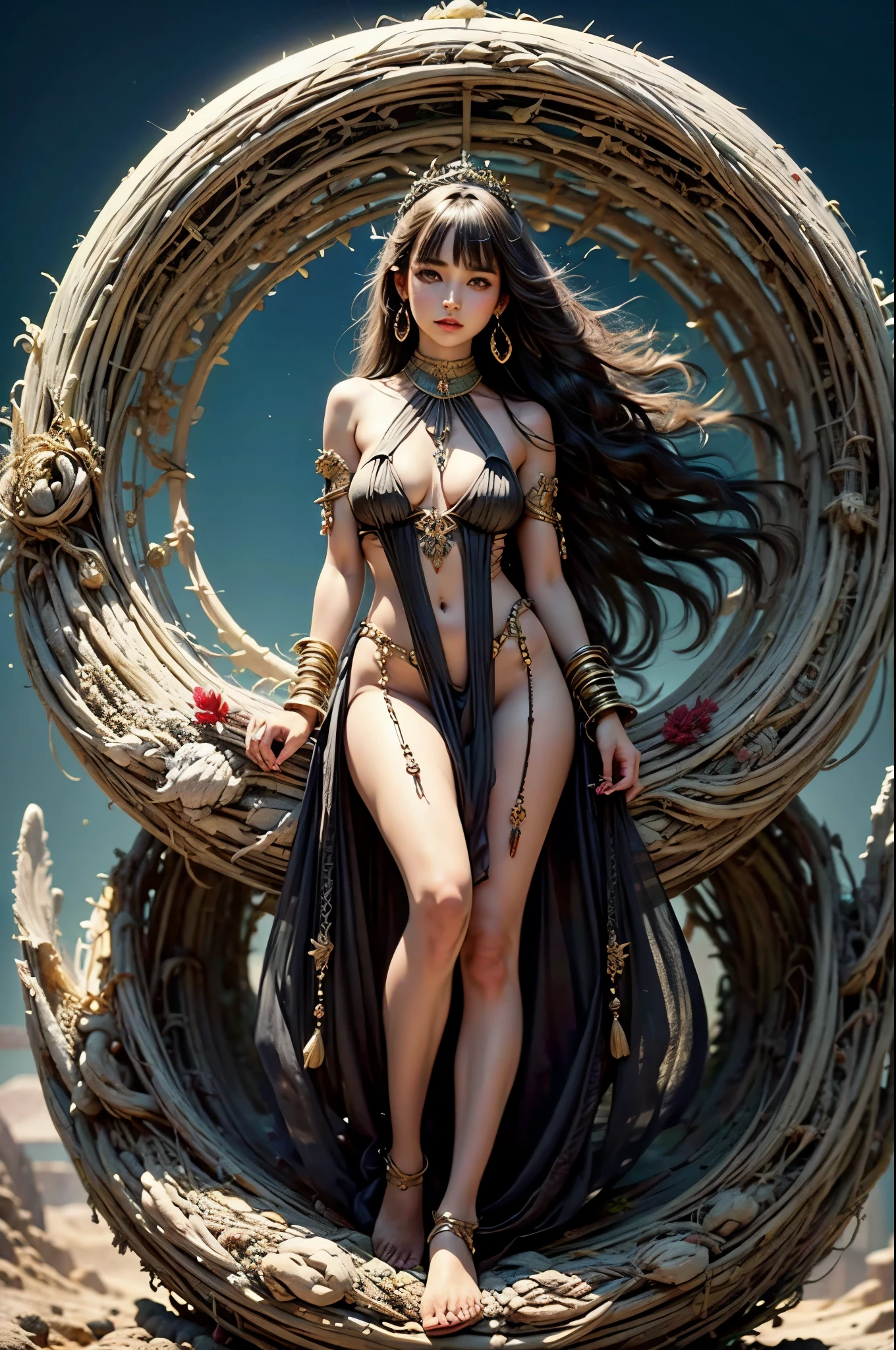 1 female, beautiful egyptian woman, 25 years old, long black hair with bangs, exotic skin, small head, brown eyes, medium breasts, black skin、white sexy costume, full body portrait、masterpiece, ultra hd, realistic masterpiece, blurred background, desert oasis, relaxed pose, lip whole, perfect hands, perfect eyes, perfect face, perfect details, sharp focus