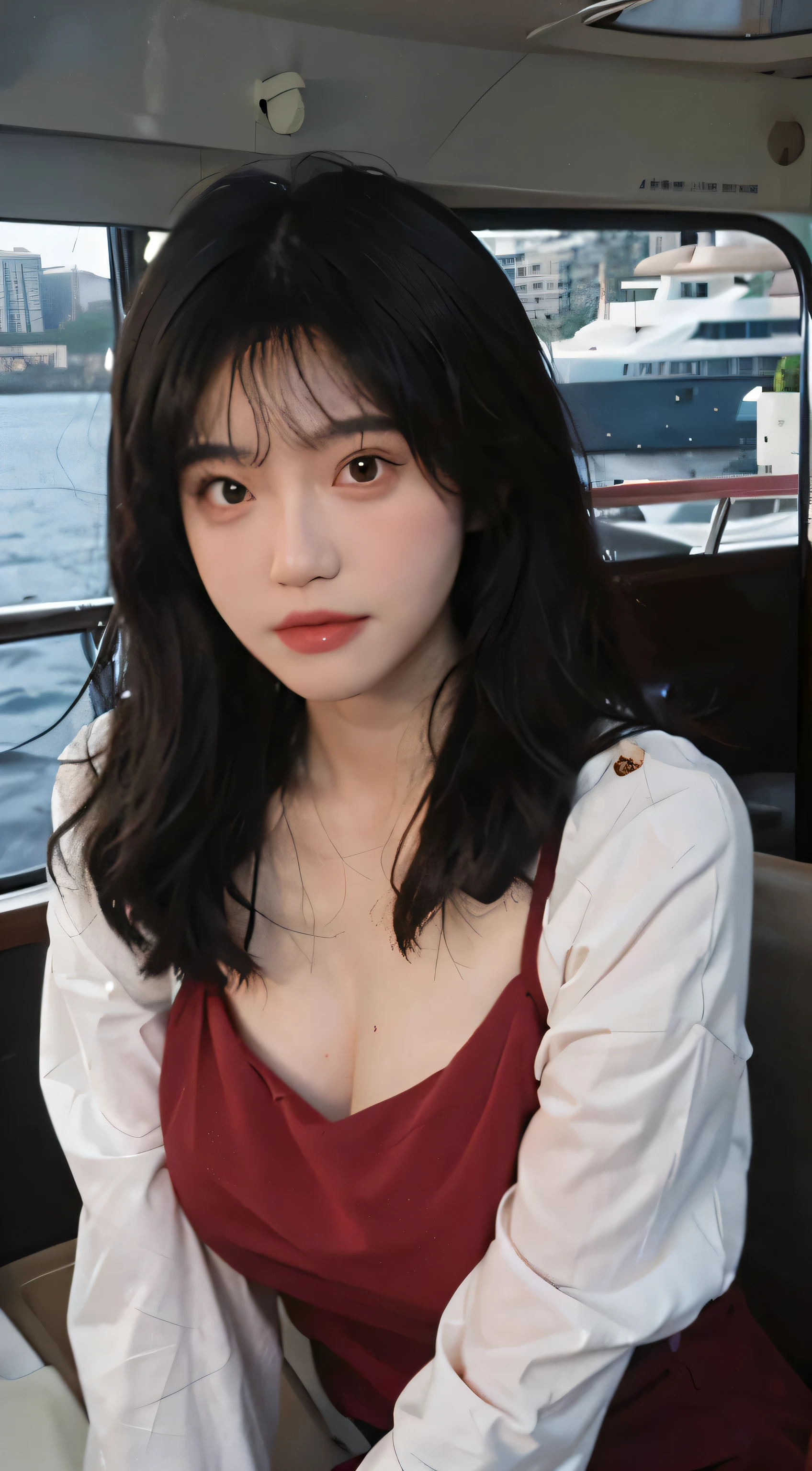 best quality，masterpiece，ultra high resolution，（realistically：1.4），1 girl，big wavy hair，double eyelids，A pair of peach blossom eyes，Raised sexy，Fair and translucent skin，looking directly at the viewer，on the yacht，full of atmosphere，Cleavage is very attractive，，（red dress：1.8），（upper part of body：1.4），