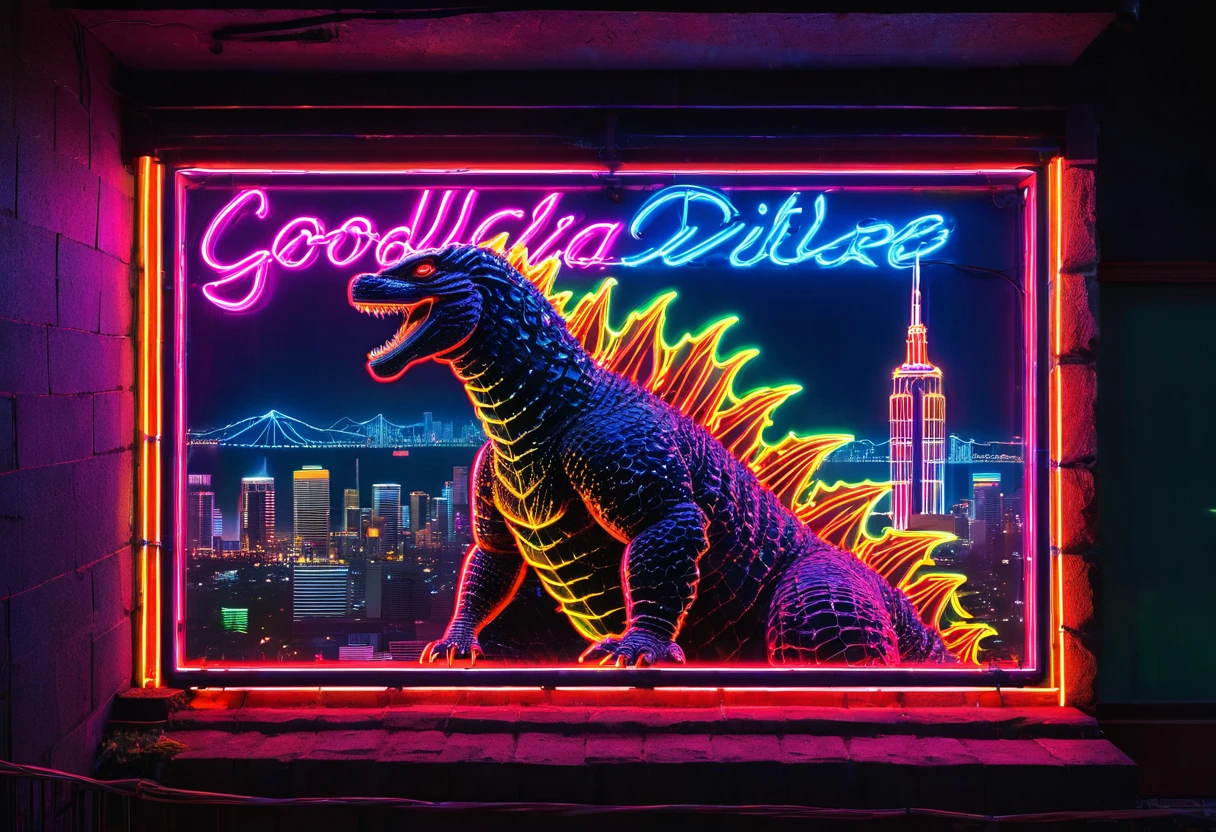 (best quality,highres),neon sign,window,strip bar,Godzilla outline,colorful,bright,vibrant lights,cityscape,night scene,nightlife,electric vibe,energetic atmosphere,entertainment venue,glowing lights,urban setting,exciting ambiance