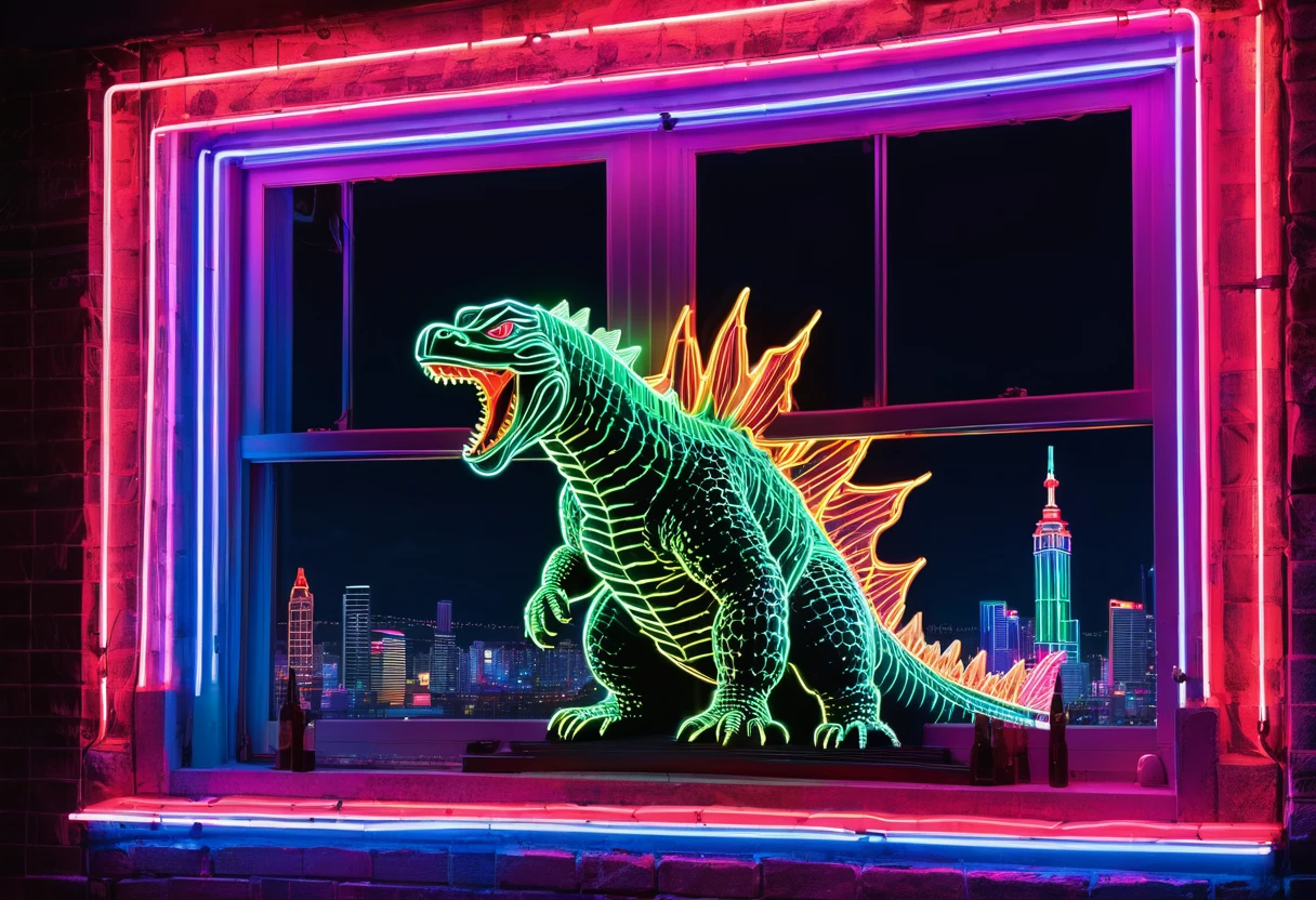 (best quality,highres),neon sign,window,strip bar,Godzilla outline,colorful,bright,vibrant lights,cityscape,night scene,nightlife,electric vibe,energetic atmosphere,entertainment venue,glowing lights,urban setting,exciting ambiance