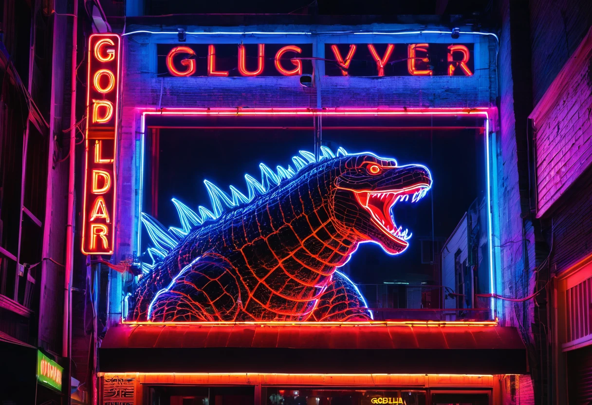 (best quality,highres),neon sign,window,strip bar,Godzilla outline,colorful,bright,vibrant lights,cityscape,night scene,nightlife,electric vibe,energetic atmosphere,entertainment venue,glowing lights,urban setting,exciting ambiance
