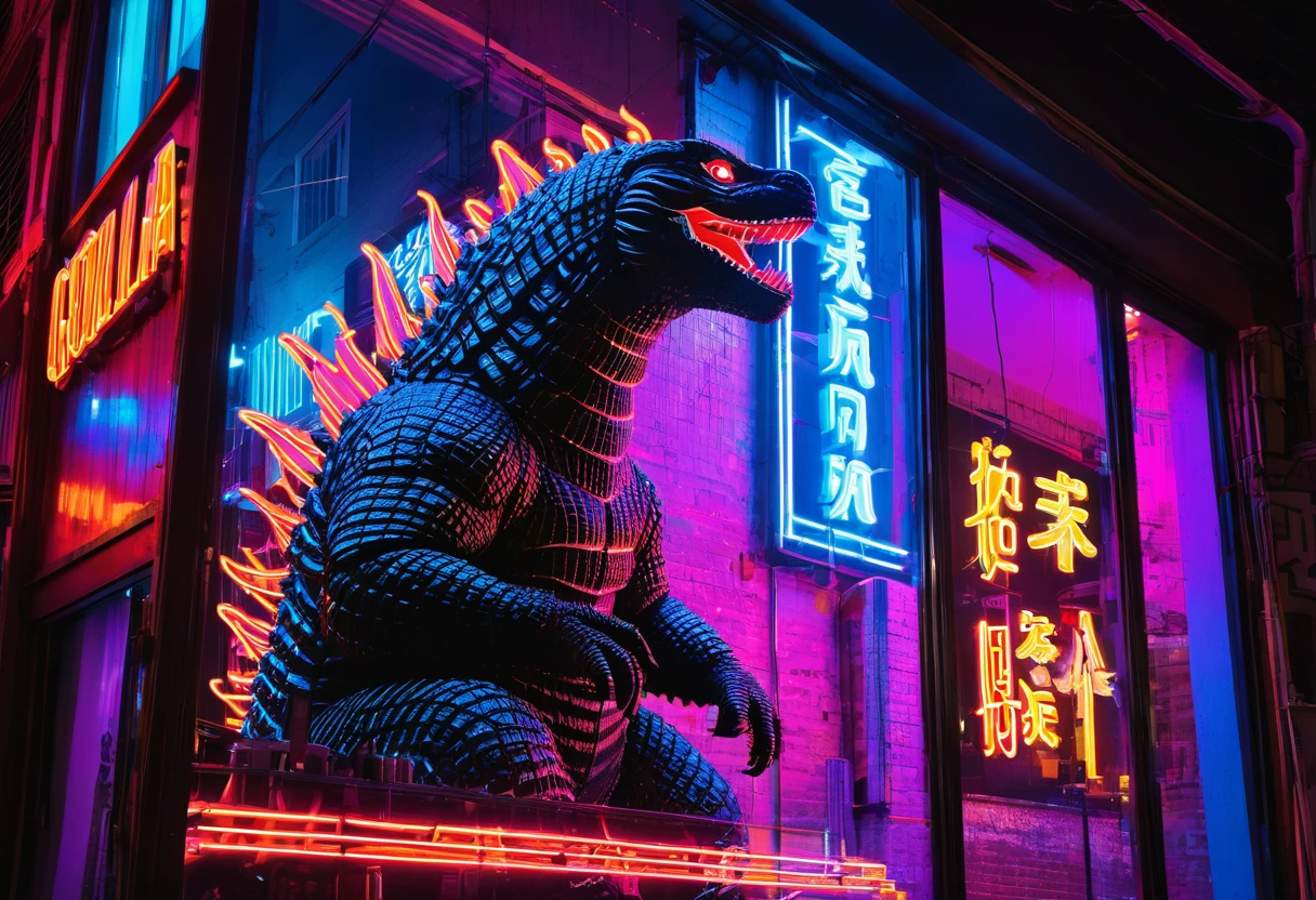 (best quality,highres),neon sign,window,strip bar,Godzilla outline,colorful,bright,vibrant lights,cityscape,night scene,nightlife,electric vibe,energetic atmosphere,entertainment venue,glowing lights,urban setting,exciting ambiance
