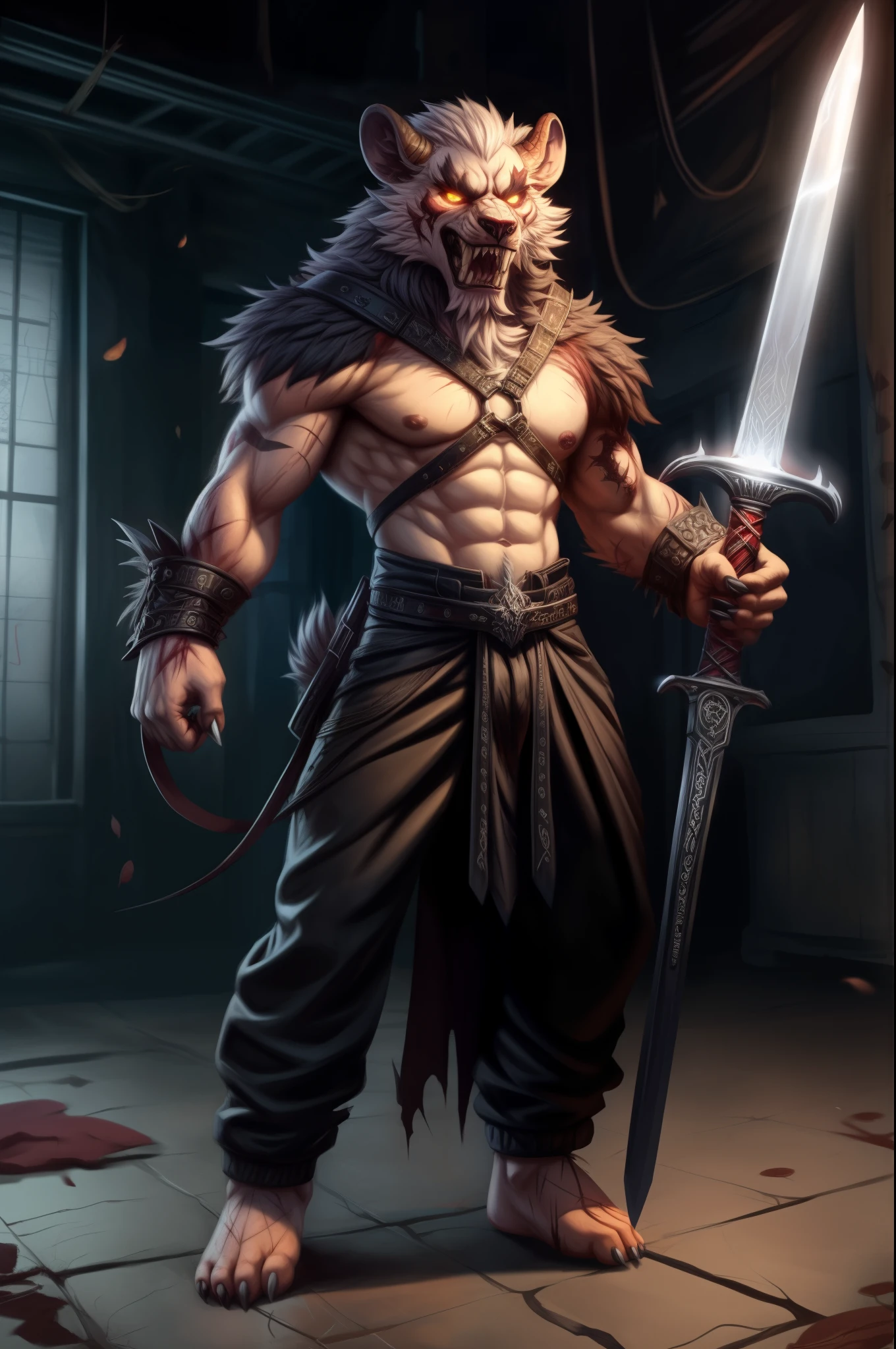 (((Barefoot furry character, full body, cinematic setting, male))) The Beast is back, the Beast In Black The Beast is back, the Beast In Black Tormented and wounded, branded and persecuted Torn inside out yet here I stand Fierce anger, blind madness, invoke the Beast of Darkness No mercy 'cause they all must die Like a hellraiser, monster of rage Unleash the fury through your sword of hate Destroy and murder, retaliate Harness the power of the Beast In Black BREAK, detailed background, 8K, (masterpiece:1.5), intricate details, highly detailed, extreme detail, octane render, fine art, best quality, highres, (detailed face:1.5), ((full_body)), UHD, (((perfect hands)))