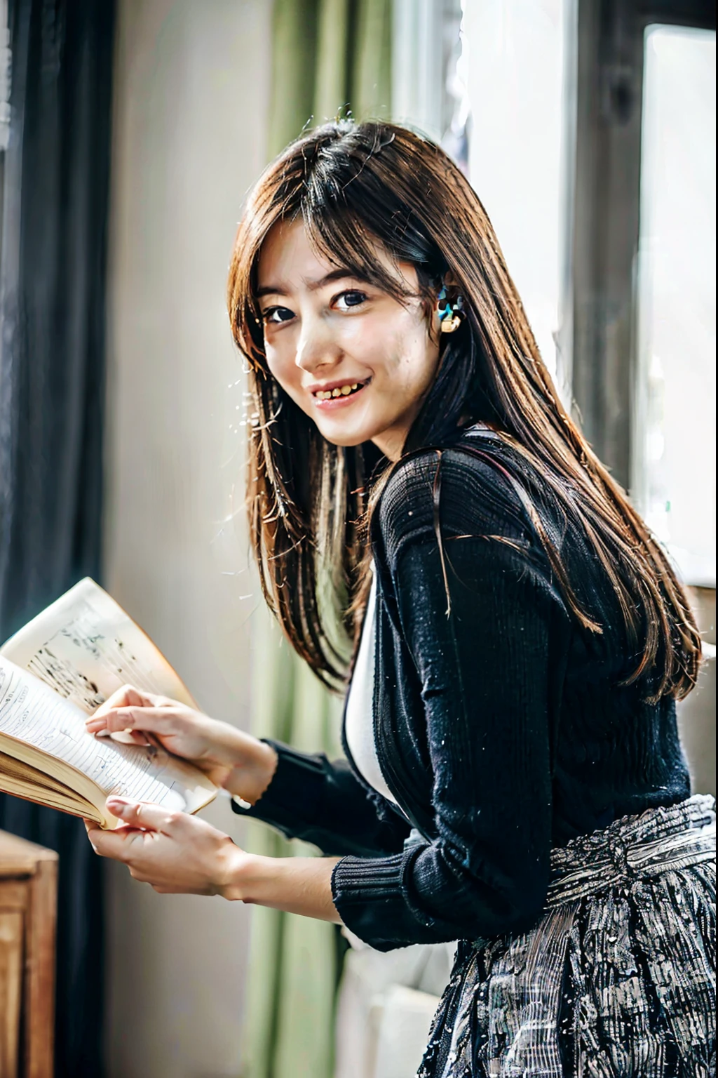 ulzzang-6500-v1.1,(masterpiece, highest quality:1.3), (Ultra-detailed 8K:1.2), (hyperrealistic:1.35),(Raw photo:1.2),highest quality, High resolution, wallpaper, realistic, ,rending with ArtStation, Trending on CGsociety, sharp focus, (dramatic, Realistic painting art by Midjourney:1.3) 
BREAK 
(Japanese women:1.3), 20 years old, (bewitching smile:1.3), action, gravure, sexy, super beautiful, beautiful skin, beautiful and detailed eyes, detailed face, Perfect style, large breasts., Moderately, clean long hair, brunette hair, dark brown eyes, look at the camera, (Full body shot from the front,full body,full shot:1.3),Very popular and beautiful young news show host standing with knees together,Bunches long hair back,knees visible through shirt, cardigan, cute tulip skirt,(He tilts his chin and smiles as he reads the manuscript.:1.3),best image quality,professional angle of view,,Beautiful face with a delicate and high nose,Proud F cup breasts,tight waist,