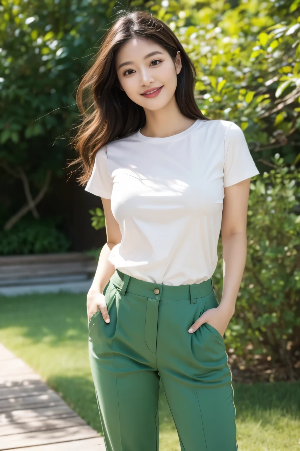 Draw lips correctly, red lipstick, from chest up, best quality, Super detailed, lifelike, Super fine skin, perfect anatomy, (1 日本Mature的女人), (alone),Wear a white crew neck shirt,short sleeves,green pants,wavy long hair,37-year-old female,Mature,charming smile,outdoor background,stand,Leg length,Chubby body,Big breasts,stand up,full-body shot
