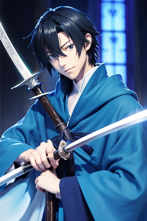 Close-up of a person in a blue coat holding a sword, tensei shitara slime datta ken, male anime character, official character art, Tall anime guy with blue eyes, best anime character design, blue cloak, anime character, official art, blue tunic and robes, picture of a male cleric, nobutaka ike, ueshiba riichi