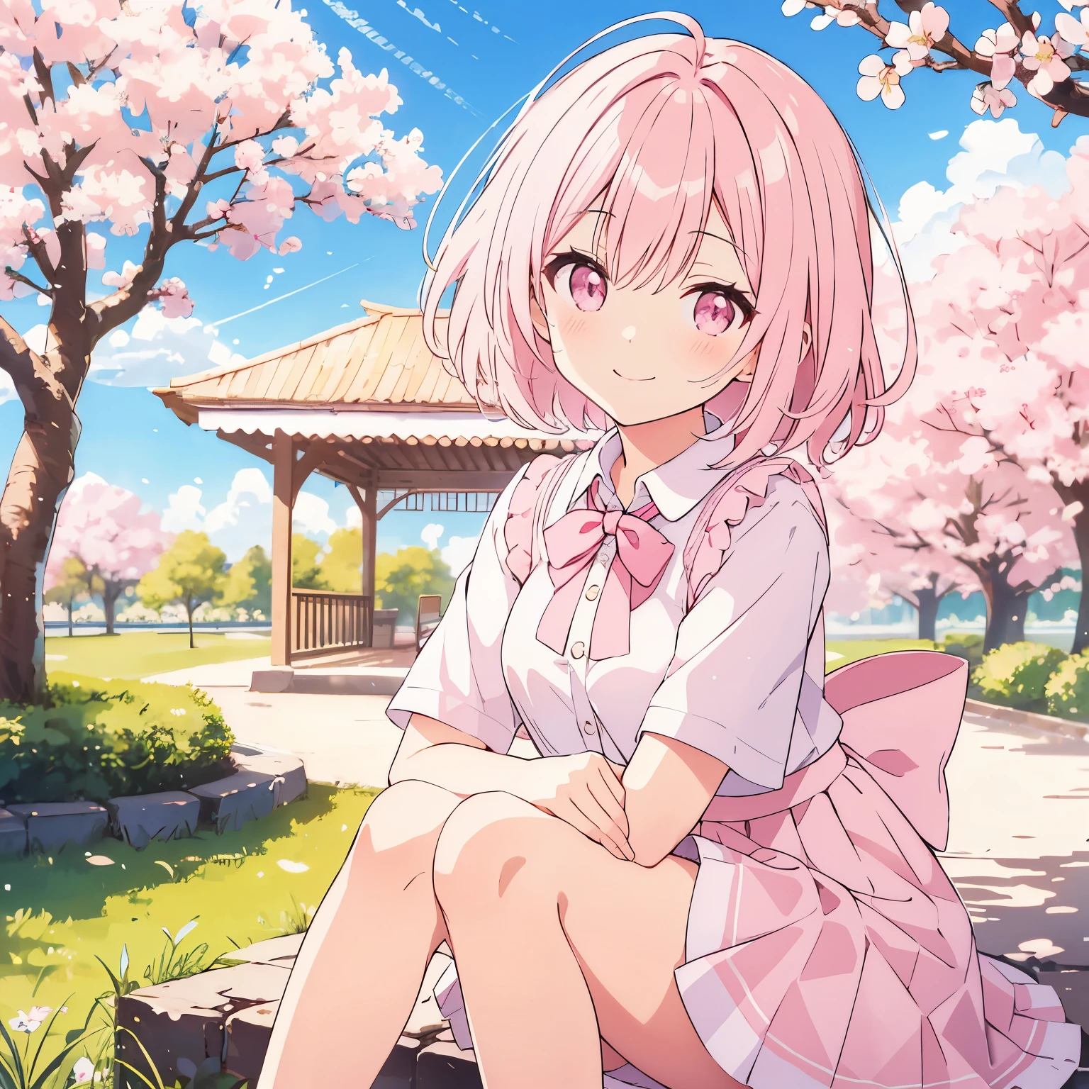 sit under the cherry tree,hands on knees,long skirt,exposure is low,highest quality,high resolution,pastel pink short hair,pink eyes,smile,double,