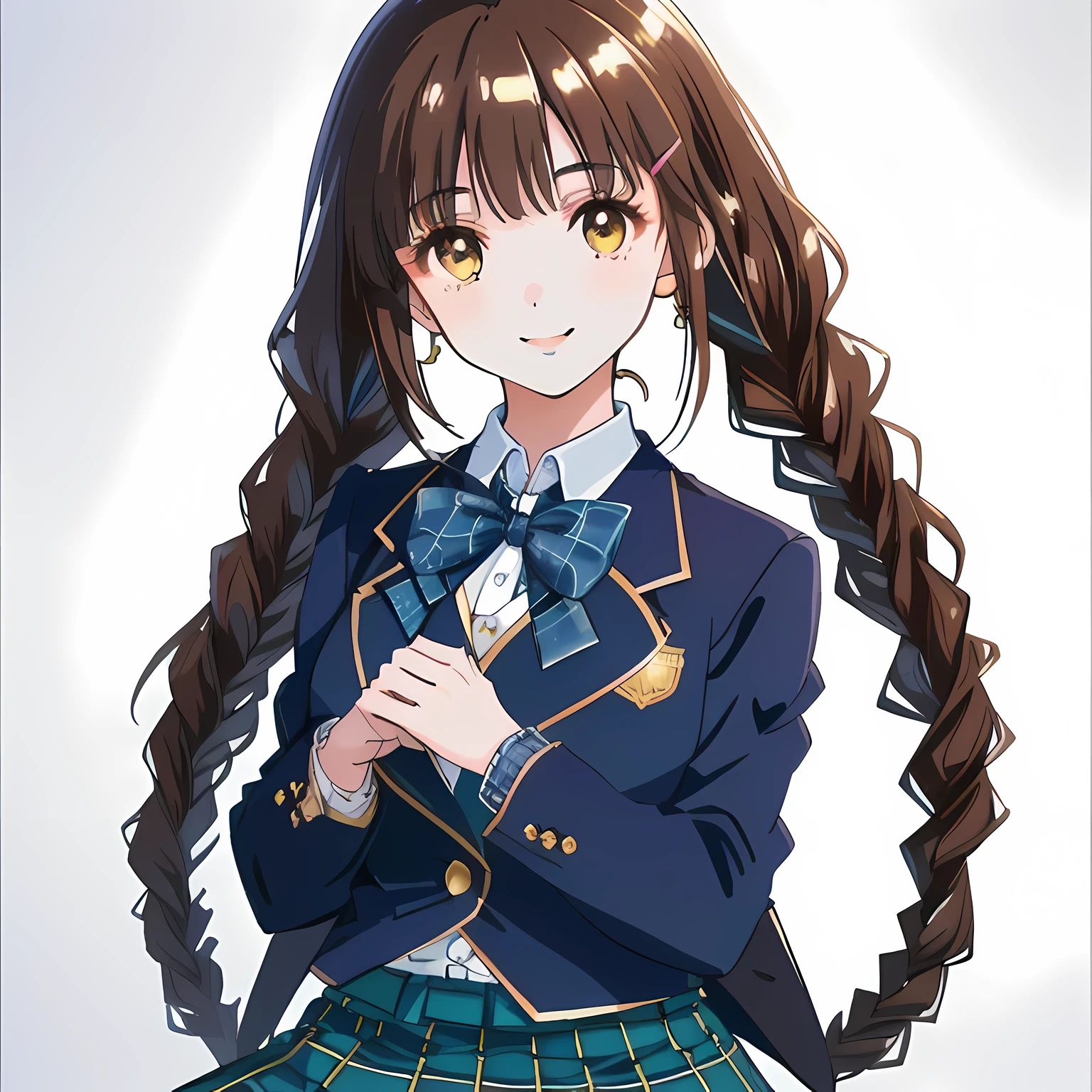 highest quality, (masterpiece:1.2), High resolution, perfect pixel, very detailed,((Semi-realistic and colorful anime art with sharply drawn and smooth textures)), ２A girl looks at the viewer and smiles happily., glossy lips, Neat and nice smile, ((Impressive large brown eyes with great detail)), (((dark brown hair))), All 15 years old, big shiny hair clip, , ((Dark blue blazer with golden emblem on the left chest)), ((絹のような質感の realistic girly large deep blue Japanese school ribbon bow tie)), very shiny hair、laughter、bright look、Both face and hair catch the light and shine, Cute braids, (((a pair of dark brown tightly braids hair style))), ((((smooth shiny realistic dark blue & deep navy colored tartan checkered middle long skirt)))), the skirt is very cute, brown leather shoes, white socks, 