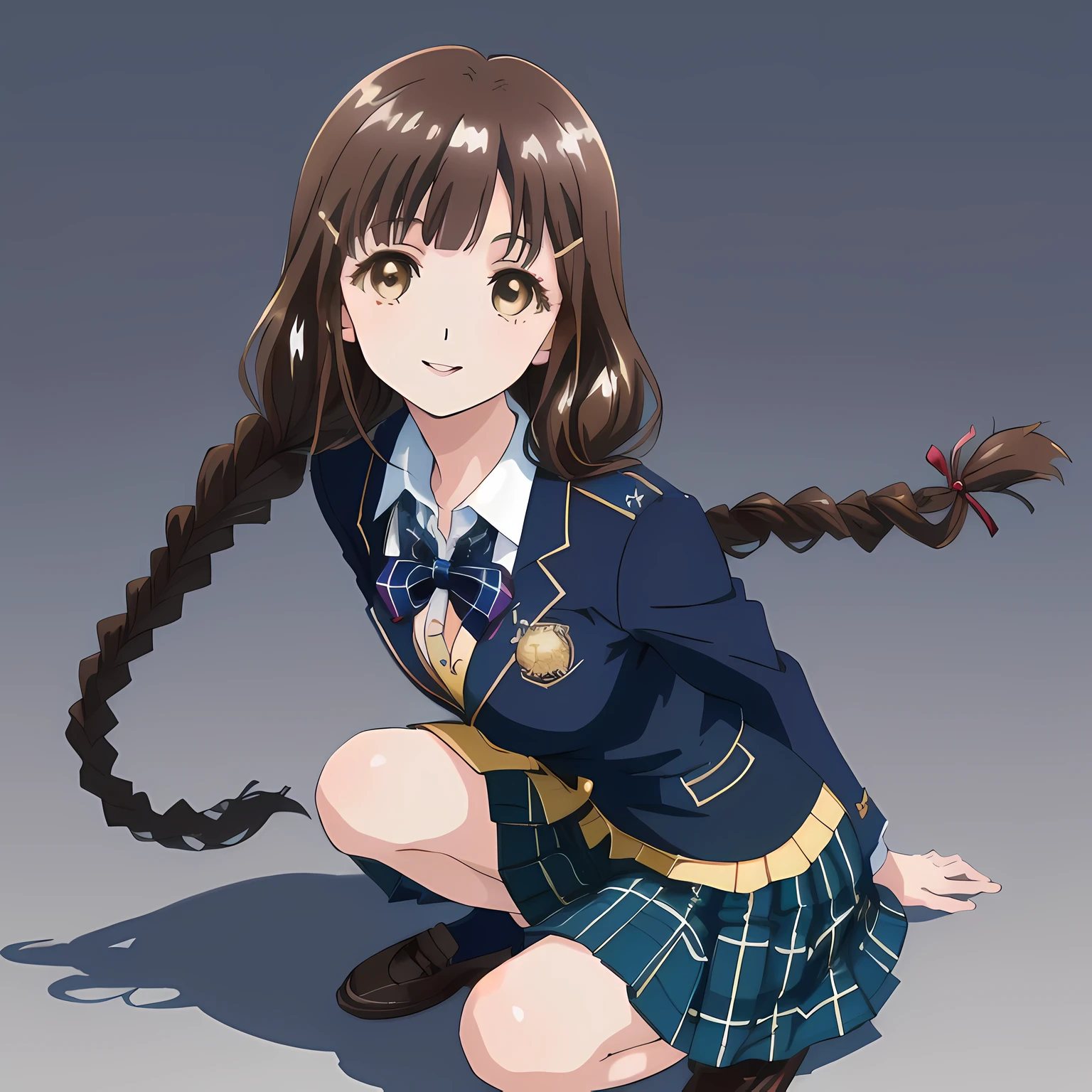 highest quality, (masterpiece:1.2), High resolution, perfect pixel, very detailed,((Semi-realistic and colorful anime art with sharply drawn and smooth textures)), ２A girl looks at the viewer and smiles happily., glossy lips, Neat and nice smile, ((Impressive large brown eyes with great detail)), (((dark brown hair))), All 15 years old, big shiny hair clip, , ((Dark blue blazer with golden emblem on the left chest)), ((絹のような質感の realistic girly large deep blue Japanese school ribbon bow tie)), very shiny hair、laughter、bright look、Both face and hair catch the light and shine, Cute braids, (((a pair of dark brown tightly braids hair style))), ((((smooth shiny realistic dark blue & deep navy colored tartan checkered middle long skirt)))), the skirt is very cute, brown leather shoes, white socks, 