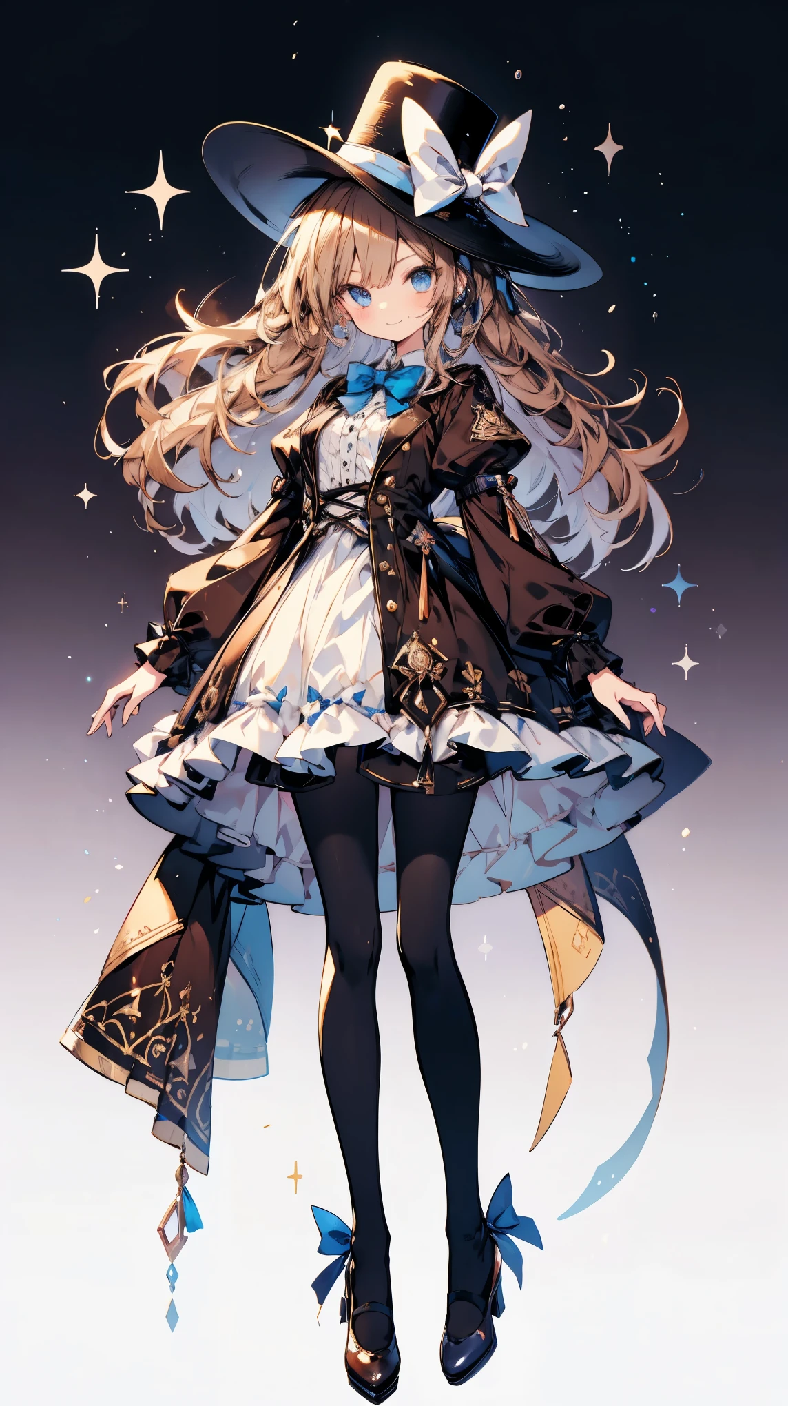 a picture is a cartoon style pic with a female protagonist and her pet, solo, 1girl, dress, long hair, hat, full body, blue eyes, bow, top hat, mini hat, mini top hat, sparkle, sidelocks, brown dress, white pantyhose, very long hair, smile, looking at viewer, simple background, bowtie, frills, bangs, brown hair, frilled dress, white background, pantyhose, closed mouth, standing, shoes