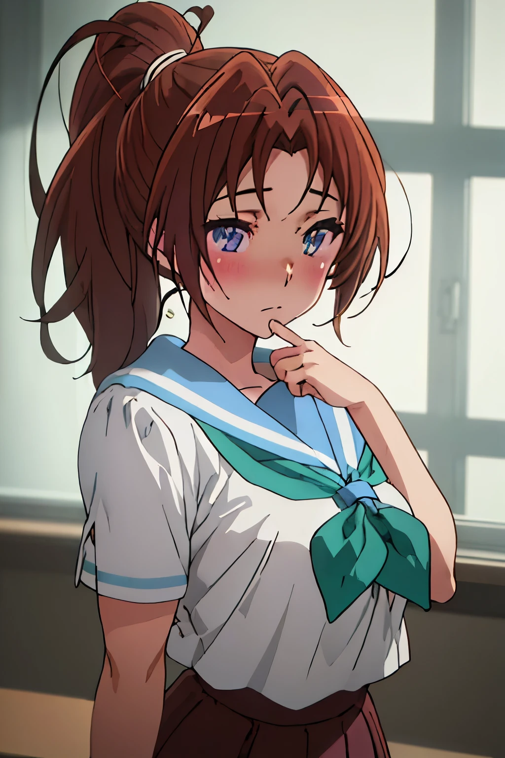  {Nakagawa_Natsuki_sound euphonium:1.15}, Brown_hair, ponytail, length_hair, purple_eye, blush, serafuku, closed_mouth, indoors, front hair, 1 girl, kitauji_expensive_School_uniform, neckerchief, crew_collar, School_uniform, green_crew_collar, shirt, white_shirt, window, green_neckerchief, blurry_background, , blurry,(figure:0.8), (detailed and beautiful eyes:1.6), highly detailed face, perfect lighting, Highly detailed CG, (perfect hands, perfect anatomy),masterpiece,High resolution,anime key visual,detailed and beautiful eyes,highest 