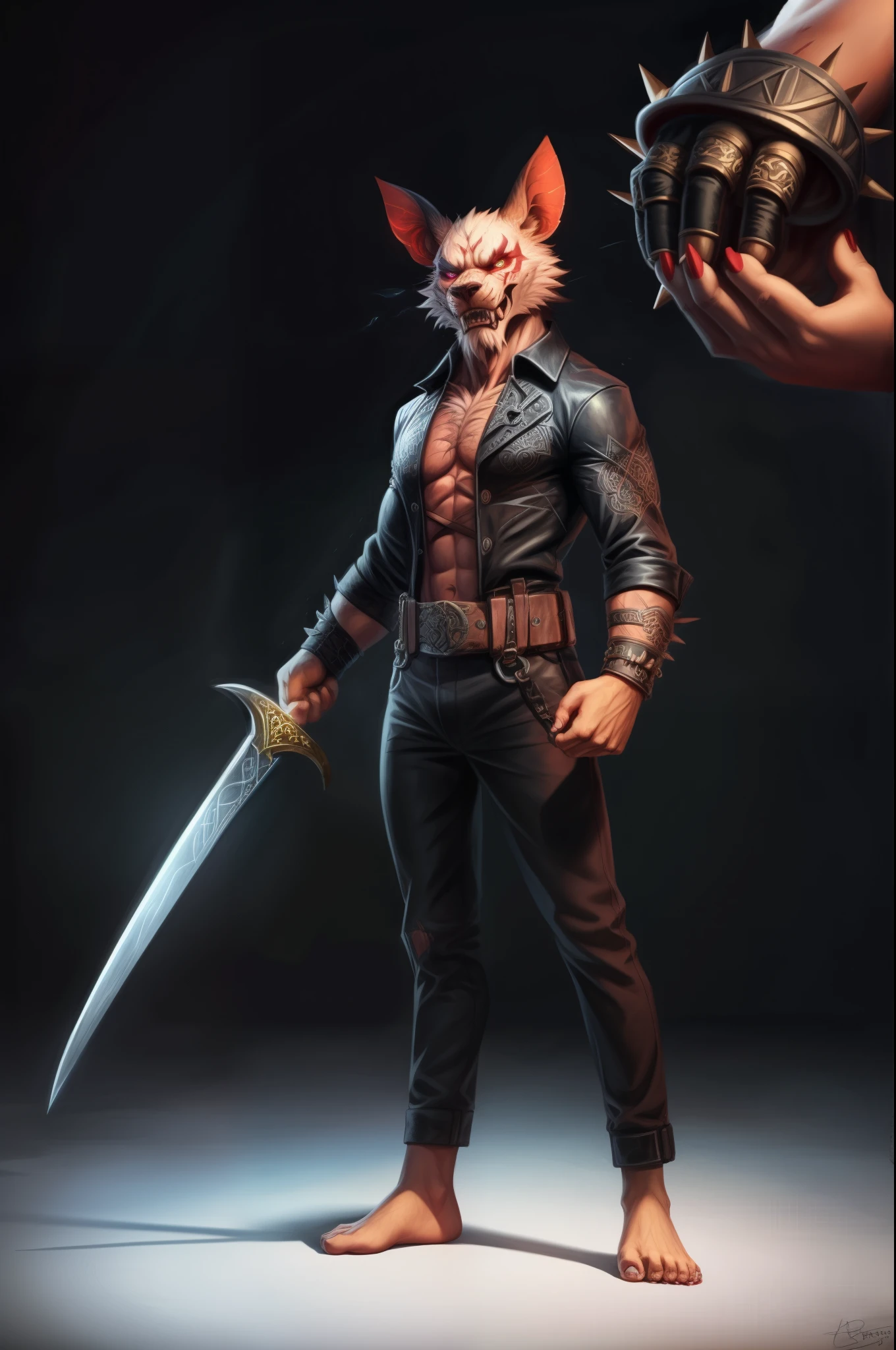 (((Barefoot furry character, full body, cinematic setting, male))) The Beast is back, the Beast In Black The Beast is back, the Beast In Black Tormented and wounded, branded and persecuted Torn inside out yet here I stand Fierce anger, blind madness, invoke the Beast of Darkness No mercy 'cause they all must die Like a hellraiser, monster of rage Unleash the fury through your sword of hate Destroy and murder, retaliate Harness the power of the Beast In Black BREAK, detailed background, 8K, (masterpiece:1.5), intricate details, highly detailed, extreme detail, octane render, fine art, best quality, highres, (detailed face:1.5), ((full_body)), UHD, (((perfect hands)))