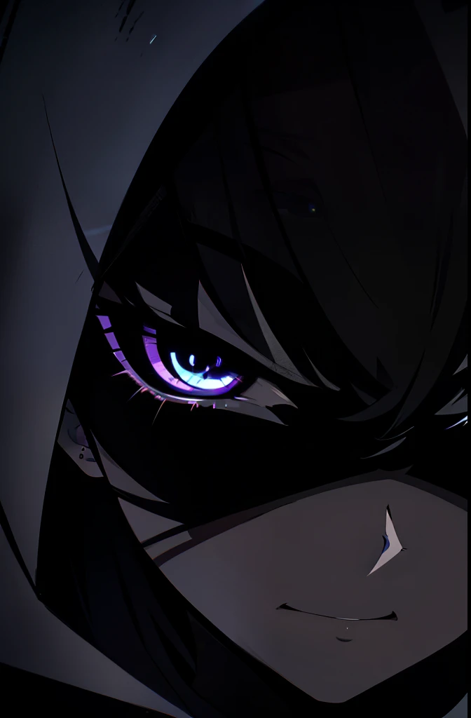 Close-up image of Dark Knight-chan., showcasing intricate details and expressive features. with piercing eyes, which, Seems, glow in the dark., his face is framed by bangs, falling gradient colors.. His signature hood covers the upper half of his face., showing just a hint of a smirk or a determined expression. The image radiates an aura of mystery and intensity., enhanced by dark and moody lighting, which surrounds him. This masterpiece, Demonstration of the best quality and high resolution, is a true testament to the craftsmanship of the creator. The elements come together, to create an exciting and dynamic scene., adding to