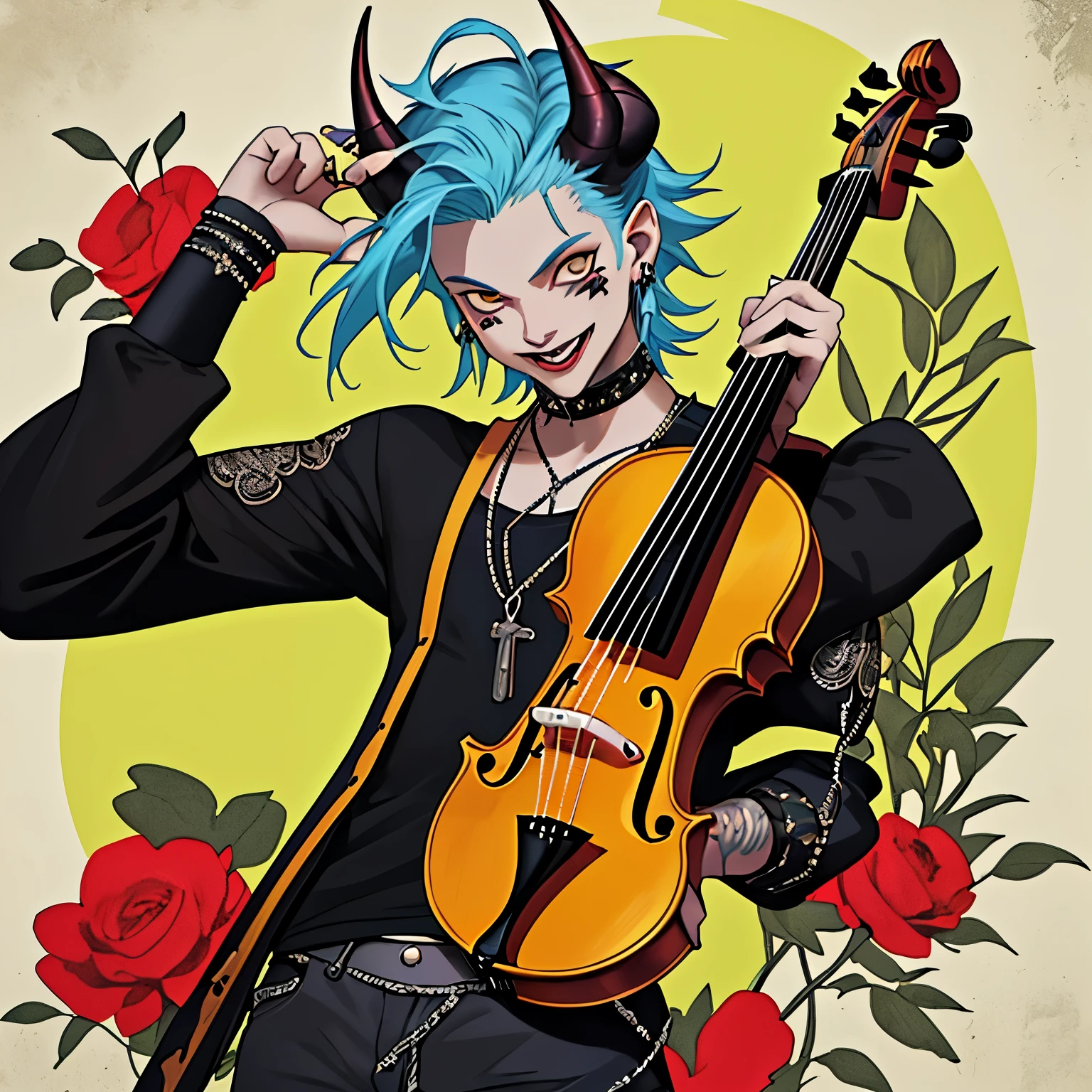 Friendly and cheerful young male musician with demon horns. Tiene cabello rizado, is a murderer from the Middle Ages who is a yellow punk demon who plays medieval music. lleva una chaleco de tela sin mangas y tiene una capa. Lleva brazos descubiertos. No lleva ropa debajo del chaleco. Estilo anime. Arte digital. Se ven sus tatuajes y brazaletes con pinchos. Lleva una ombliguera. Play an electric violin with picks.