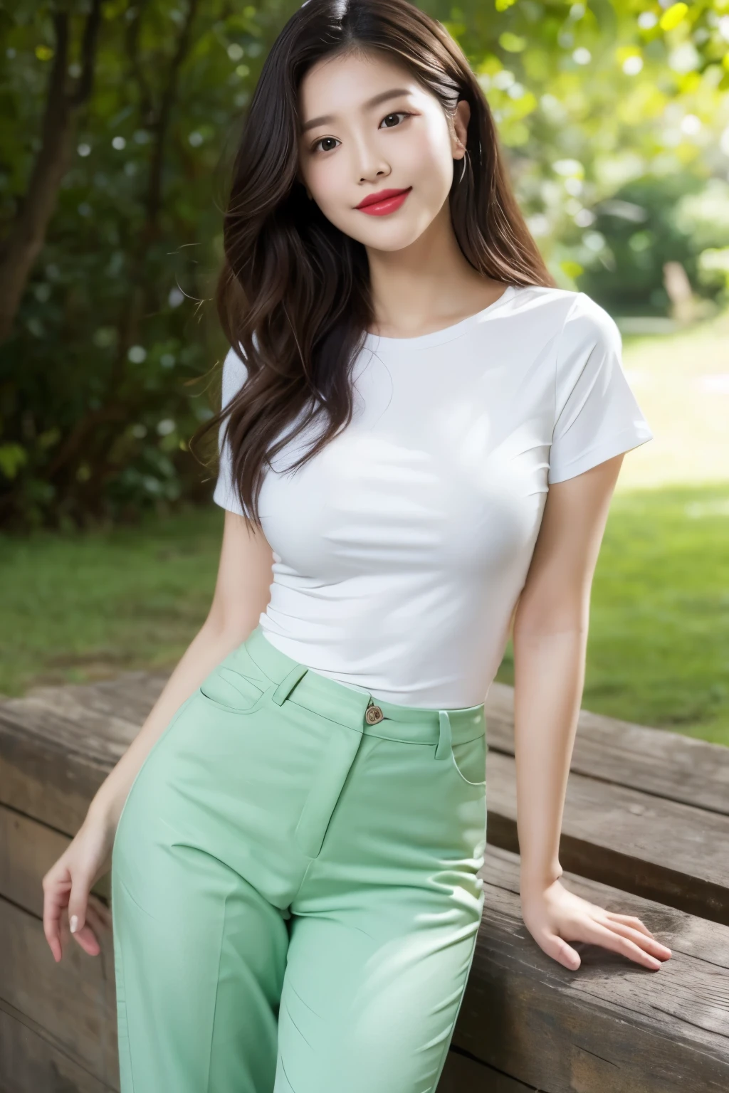 Draw lips correctly, red lipstick, from chest up, best quality, Super detailed, lifelike, Super fine skin, perfect anatomy, (1 日本Mature的女人), (alone)，Wear a white crew neck shirt，short sleeves，green pants，wavy long hair，37-year-old female，Mature，charming smile，outdoor background，stand，Leg length，Chubby body，Big breasts，stand up，full-body shot
