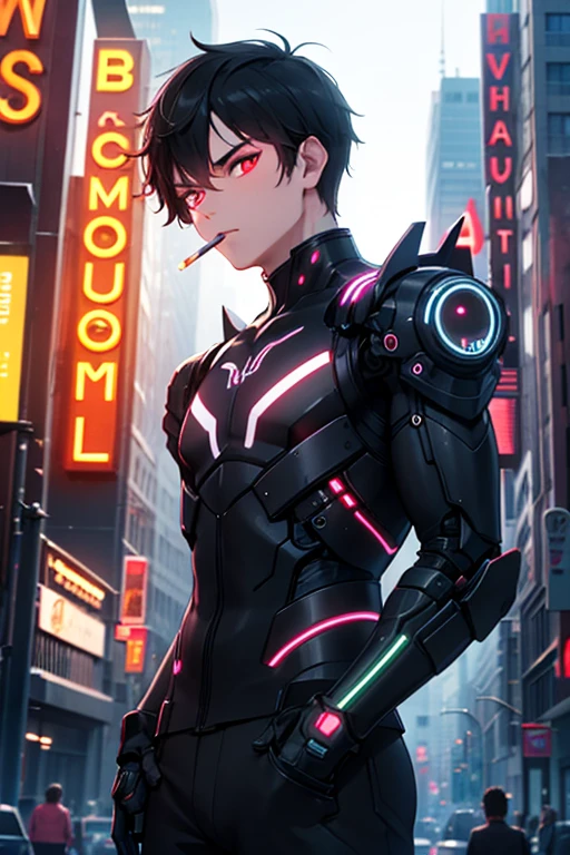 Neon Sign,futuristic,city,cyborg,cigarette,1boy,solo,best quality,ultra-detailed,sharp focus,