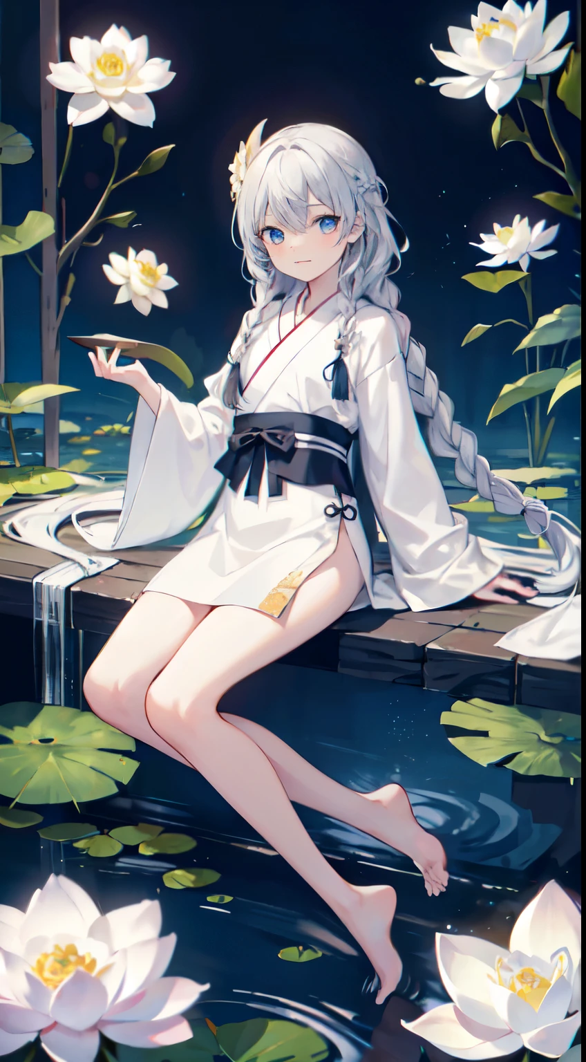 be familiar with eyes, be familiar with eye, be familiar with face, UHD, retina, Accurate, anatomically correct, rough skin, Super detailed, Award history, High resolution, best aesthetics, 超High resolution, clear, ultra be familiar with, 最high quality, high quality, 超high quality, 16k, advanced details, High resolution, be familiar with, masterpiece, beautiful, be familiar with skin, Yaoi, (full body), (1 cunt boy), gray hair, Right braid loose side tail hair, wavy hair, right braid loose side tail wavy gray hair, blue eyes, sleepy eyes, double eyelid, white lotus, white lotus kimono, white lotus hair ornaments, (beautiful cuntboy with right braid loose side tail wavy gray hair holding a white lotus flower)