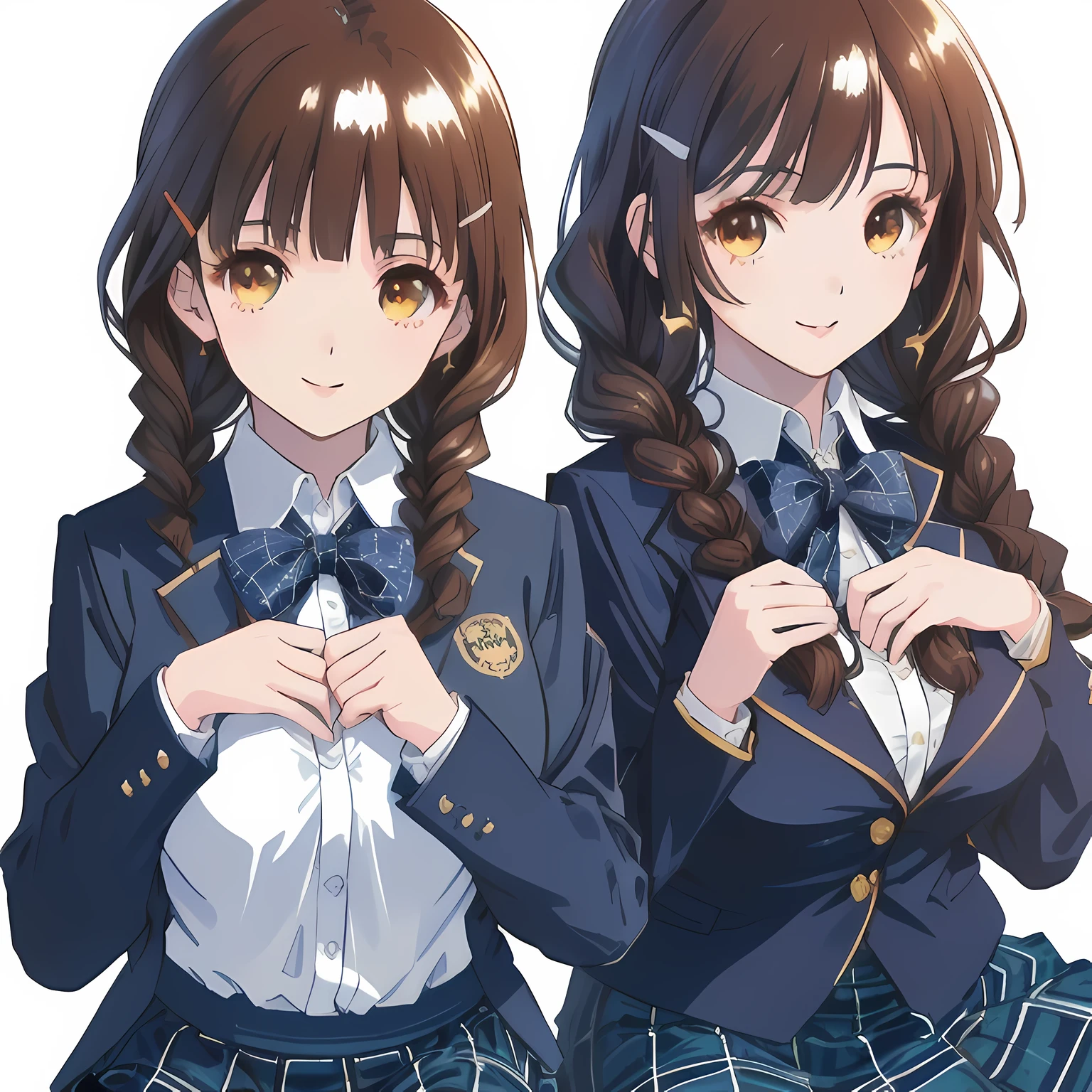 highest quality, (masterpiece:1.2), High resolution, perfect pixel, very detailed,((Semi-realistic and colorful anime art with sharply drawn and smooth textures)), ((Clothes and skirts are especially realistic)), 2A girl looks at the viewer and smiles happily., glossy lips, Neat and nice smile, ((Impressive large brown eyes with great detail)), (((dark brown hair))), All 15 years old, big shiny hair clip, , ((Dark blue blazer with golden emblem on the left chest)), ((絹のような質感の realistic girly large deep blue Japanese school ribbon bow tie)), very shiny hair、laughter、bright look、Both face and hair catch the light and shine, Cute braids, (((a pair of dark brown tightly braids hair style))), ((((smooth shiny realistic dark blue & deep navy colored tartan checkered middle long skirt)))), the skirt is very cute, brown leather shoes, white socks,
