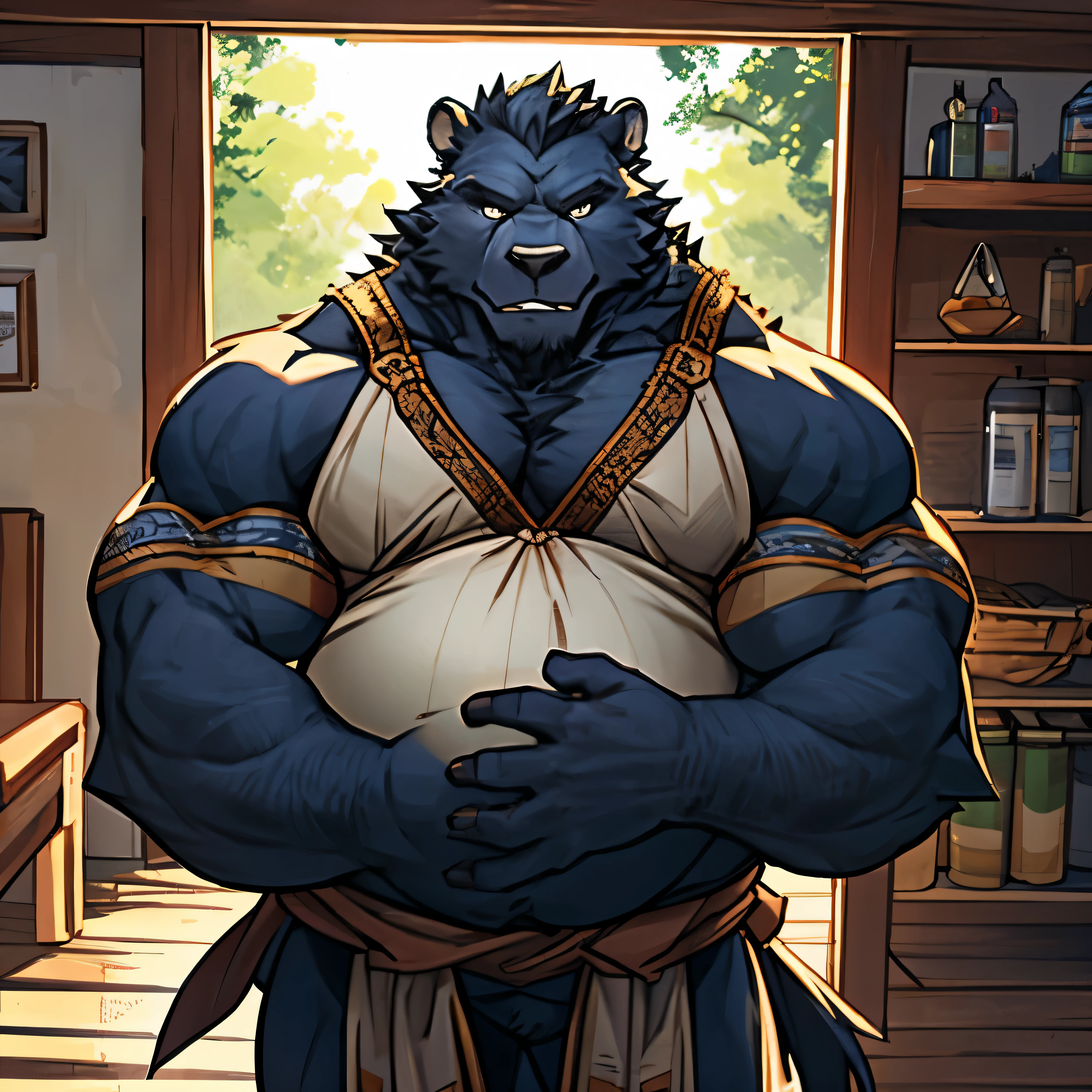 Alone, ORCBEAR, Male, muscle, intestinal muscle, big belly, calnçan, large, Male mature, old. (((facing viewer)))