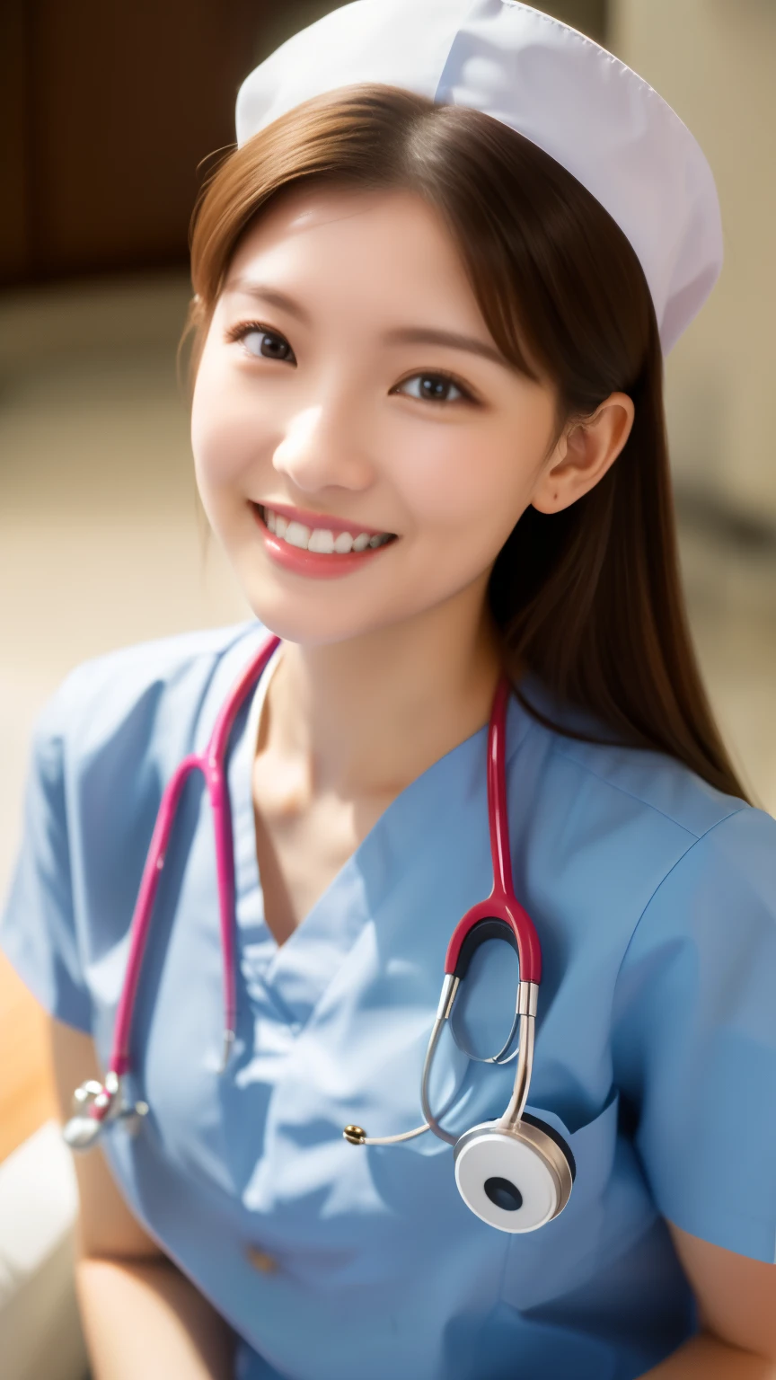 ((1 nurse,white nurse uniform、Basic Nurse Cap,short white tight skirt,Photo seen diagonally from above,Take a photo from above,Look at me with a smile,looking at camera,look at the camera,Treatment room in a hospital room,Take photos from up close to her)),big breasts,very detailed顔、Put the stethoscope around your neck,double eyelid、White and clean teeth,brown eyes,chest strengthening,emphasize body line,smile at me with love、perfect makeup,gentle expression、beautiful lips,glossy lips,Detailed depiction of the background of the hospital room,perfect lighting、hyper realism、8K for the highest resolution,Award-winning work,table top,Natural light,natural soft light)),((looking at camera,big smile,white teeth,A big smile,カメラを見つめるA big smile),((High-definition RAW color photo, professional photos, very delicate and beautiful, very detailed,finely, huge file size,best image quality,8K,Photo taken with a single-lens reflex camera))