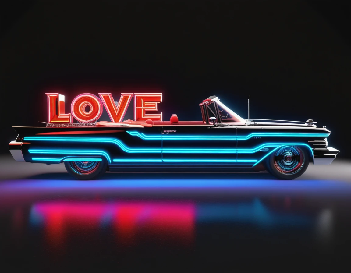 Neon sign "Love" (text "Love") instead of the registration number on the convertible, driving a gorgeous model in an off-the-shoulder dress and a hat, hyper detailed, , sharp focus, intricate details, highly detailed, close-up, neon ambiance, abstract black oil, gear mecha, detailed acrylic, grunge, intricate complexity, rendered in unreal engine, photorealistic, with the caliber of 8k artistic photography. High Resolution, High Quality, Masterpiece. 