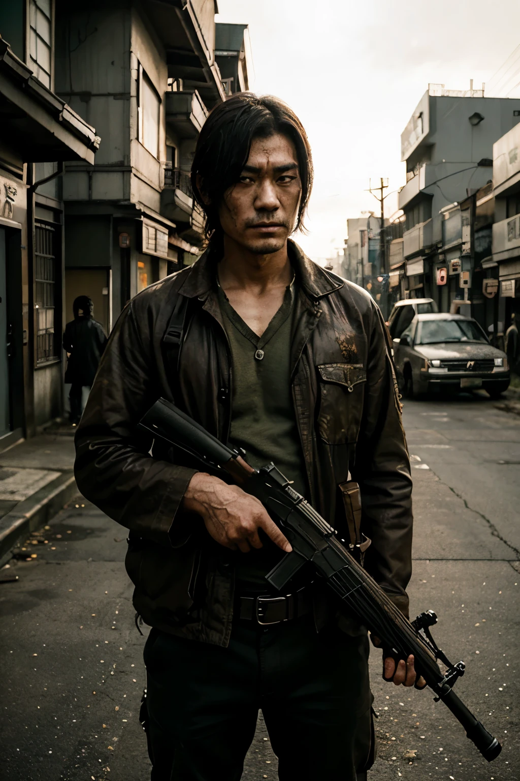 beautiful man japanese character, with rifle in hand, in front zombie, movie set, ultra detailed, cinematic movie