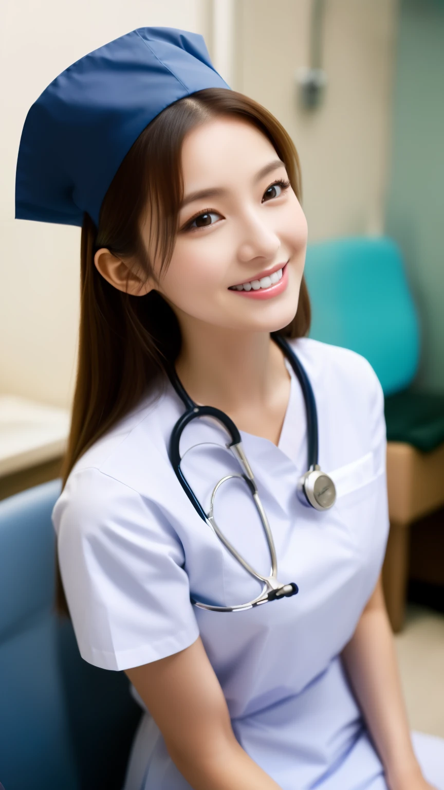 ((1 nurse,white nurse uniform、Basic Nurse Cap,short white tight skirt,Photo seen diagonally from above,Take a photo from above,Look at me with a smile,looking at camera,look at the camera,Treatment room in a hospital room,Take photos from up close to her)),big breasts,very detailed顔、Put the stethoscope around your neck,double eyelid、White and clean teeth,brown eyes,chest strengthening,emphasize body line,smile at me with love、perfect makeup,gentle expression、beautiful lips,glossy lips,Detailed depiction of the background of the hospital room,perfect lighting、hyper realism、8K for the highest resolution,Award-winning work,table top,Natural light,natural soft light)),((looking at camera,big smile,white teeth,A big smile,カメラを見つめるA big smile),((High-definition RAW color photo, professional photos, very delicate and beautiful, very detailed,finely, huge file size,best image quality,8K,Photo taken with a single-lens reflex camera))