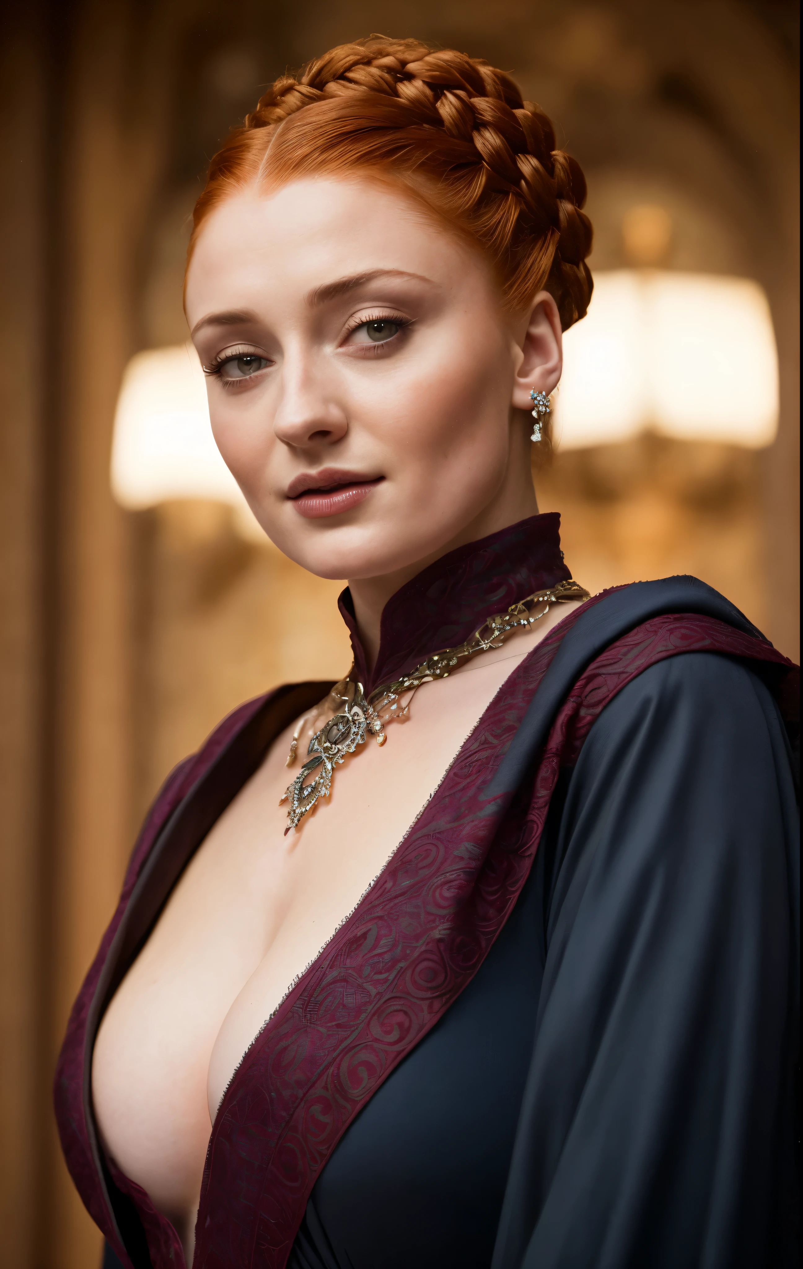 Face of Sophie Turner, Sansa Stark played by Sophie Turner, the de facto Lady of the Eyrie, is a 40-year-old mature queen with a stunning, alluring appearance. Full Face, pierced eyes, reddish lips, upper body shot, erotic Mediaeval costumes, game of thrones costumes, She wears a Game of Thrones-inspired costume and has a deep cleavage, a perfect thick body, and a perfect thick figure. The photograph captures her in a close-up, with her skin texture and facial features being ultra-realistic and realistic.