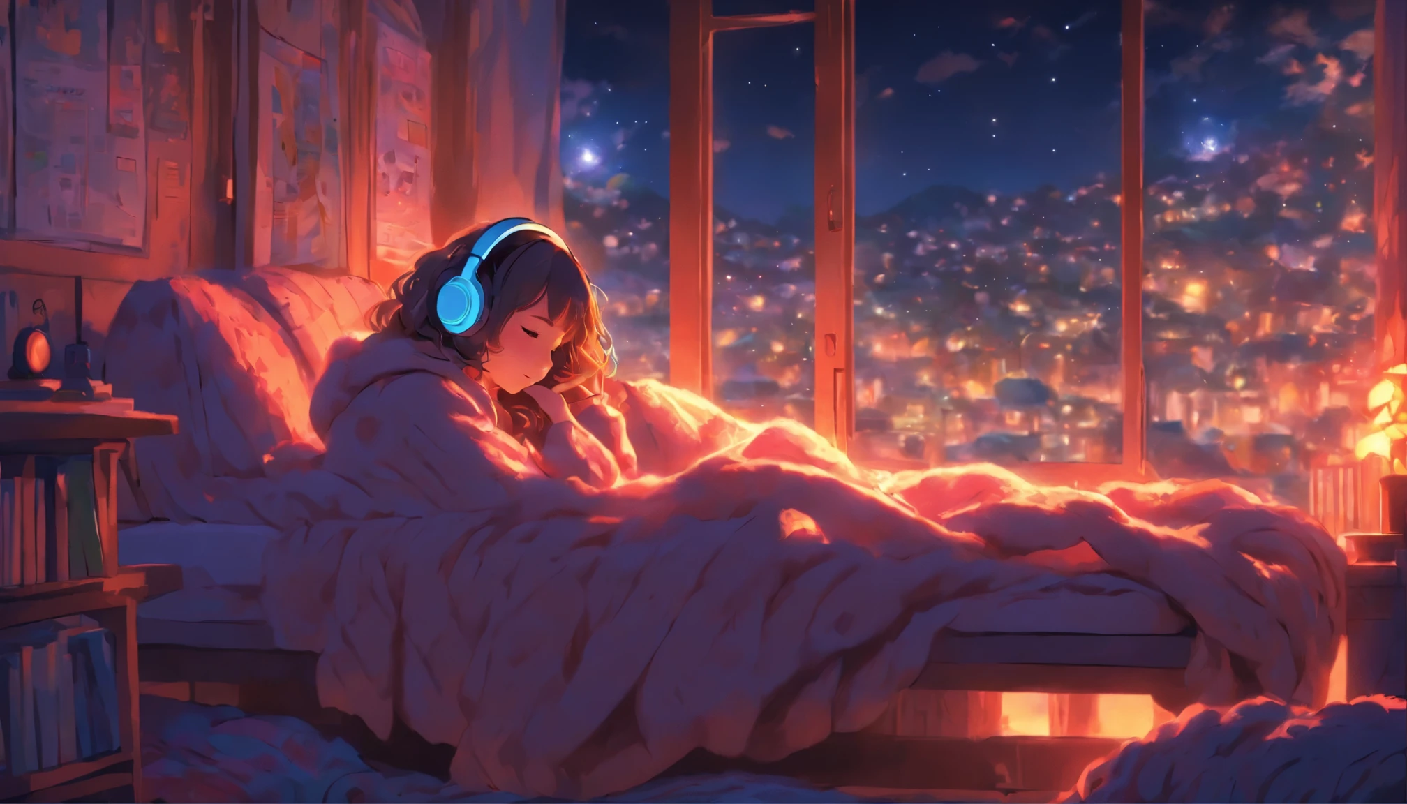 a girl, lying sleeping, wearing a big sweater, wearing headphones, legs covered with a blanket, lofi, calm, calm atmosphere, in her room looking at the window, cool, night, quiet night, masterpiece, best quality