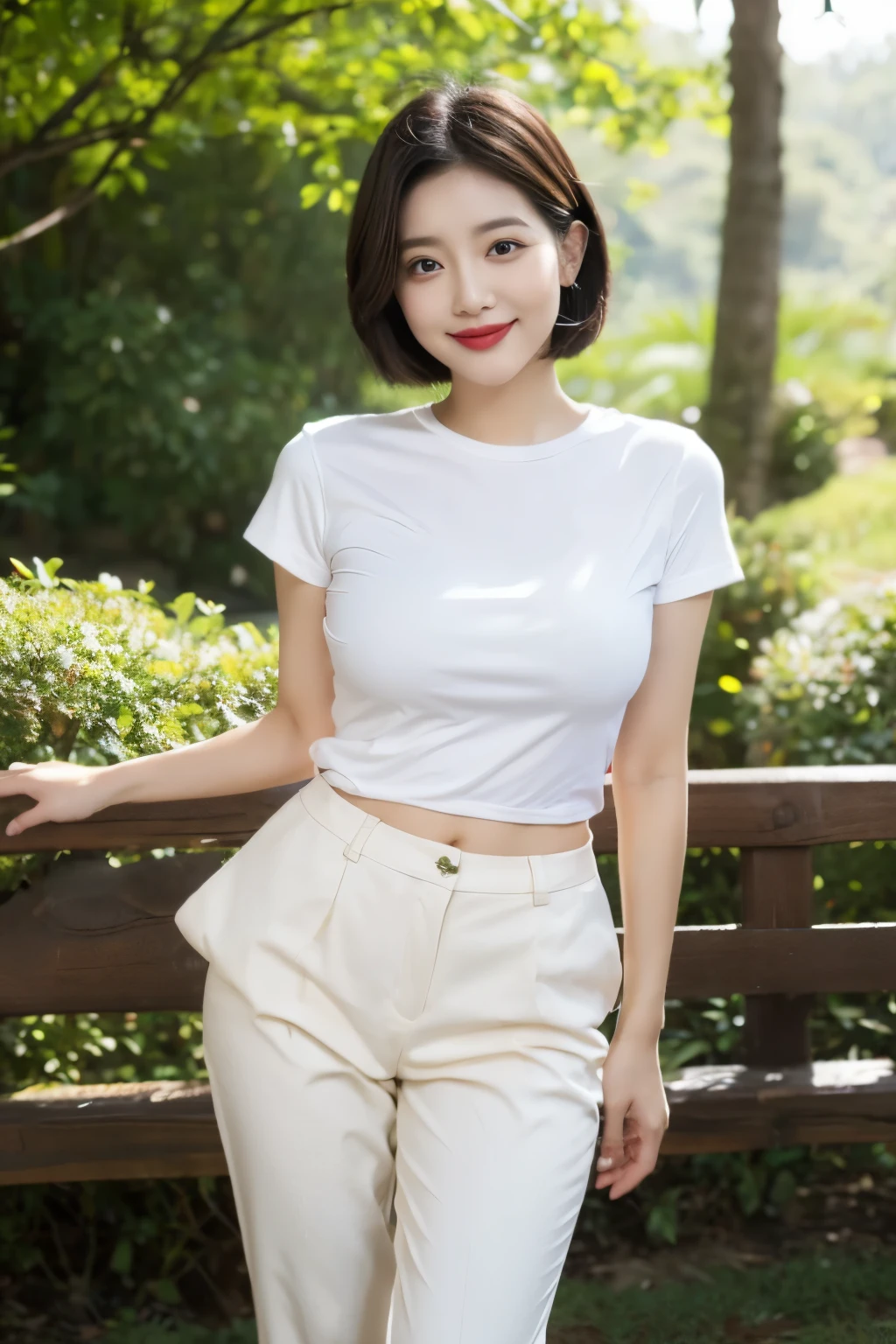 Draw lips correctly, red lipstick, from chest up, best quality, Super detailed, lifelike, Super fine skin, perfect anatomy, (1 日本Mature的女人), (alone),Wear a white crew neck shirt,short sleeves,green pants,short hair,37-year-old female,Mature,charming smile,outdoor background,stand,Leg length,Chubby body,Big breasts,stand up,full-body shot