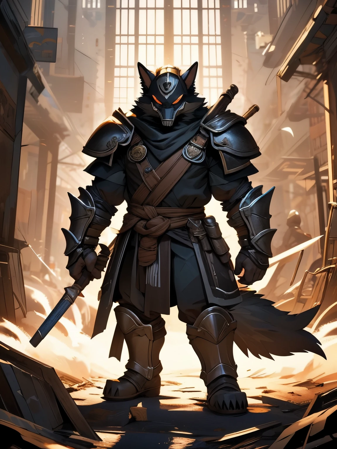 masterpiece，a picture，alone，strong，warrior，black Wolf，monster，male，Villain，Unknown black air，black visor helmet，Black heavy armor，Metal shin guards，Ferocious appearance，The body is wrapped in black air，whole body，dark environment，The battlefield filled with smoke