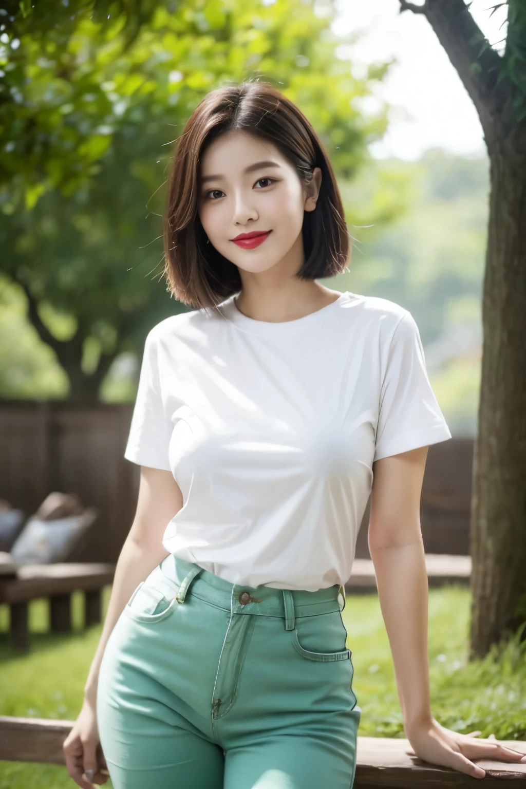 Draw lips correctly, red lipstick, from chest up, best quality, Super detailed, lifelike, Super fine skin, perfect anatomy, (1 日本Mature的女人), (alone)，Wear a white crew neck shirt，short sleeves，green pants，short hair，37-year-old female，Mature，charming smile，outdoor background，stand，Leg length，Chubby body，Big breasts，stand up，full-body shot