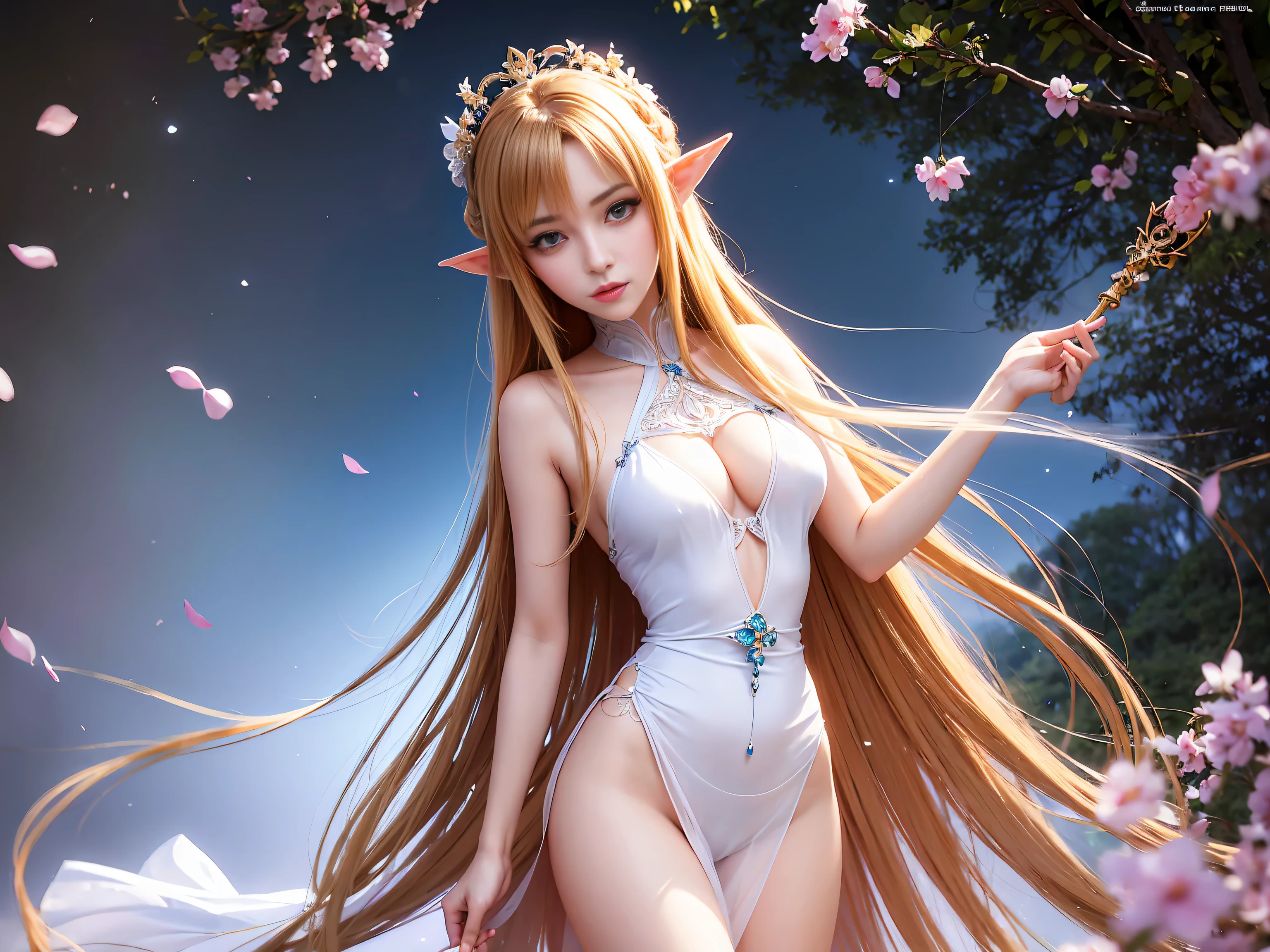 A graceful elf girl stands in a meadow, her delicate features illuminated by the soft light of the setting sun. Her long, flowing hair cascades down her back, adorned with intricate braids and adorned with sparkling jewels. This stunning painting captures the ethereal beauty of elves. Her slender figure in a silk dress sways in the soft meadow breeze. The artist's attention to detail is evident in the intricate patterns of her dress and the subtle highlights of her luminescence. skin. This breathtaking depiction of an elf girl exudes a sense of enchantment and transports the viewer to a magical world. The beautiful elf magician is awe-inspiring as she holds a magician's staff, uses fireball magic, and is about to defeat the Demon King with explosion magic., If you pull up your skirt, you can see your see-through panties and it will be embarrassing., (A superb exquisite Asuna Yuuki),(Asuna Yuuki:1.5), long hair, brown hair, streaked hair, brown eyes, star-shaped pupils, straight bangs, solo, nature, extremely delicate, straight facial features, peerless beautiful girl, soft, (sensual face), ((ecchi face)), dreamy quality, exaggerated facial features, solid color, frank holly, delicate face, bright lips, slender waist, soft curves, real light and shadow, super fine, 4k, natural moving, Ultra high resolution, (masterpiece:1.2, best quality), (finely detailed beautiful eyes: 1.2), (beautiful detailed face), detailed anime artwork, clean detailed anime art, detailed digital anime art, detailed anime art, beautiful anime portrait, beautiful anime girl, beautiful anime artwork, beautiful anime art, beautiful anime style, detailed portrait of anime girl, anime girl, beautiful anime, anime illustration,Medium chest, slender body,unparalleled beauty sexy and very beautiful face、Super long silky shiny blonde hair、long swaying bangs、Sexy 15 years old、beautiful cute pearl eyes beautiful girl、Silky skin、Very big blue eyes, see-through brassiere and panties,