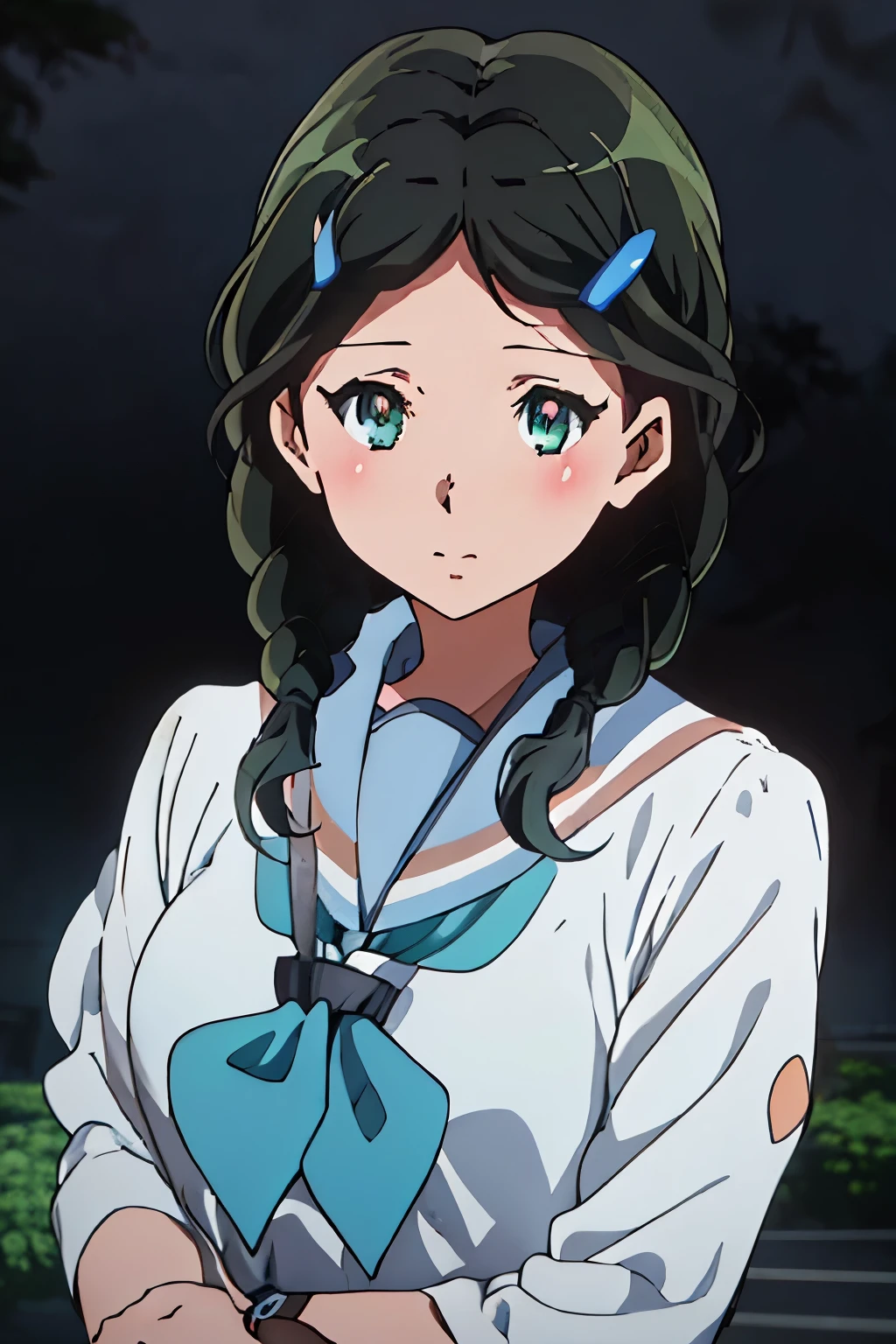  {saitou_Blue_sound euphonium:1.15}, black_hair, green_eye, serafuku, blush, hair_ornament, hairclip, Braid, twin_Braids, length_hair, 1 girl, looking for_in_viewer, anime_Coloring, close, , blurry,(figure:0.8), (detailed and beautiful eyes:1.6), highly detailed face, perfect lighting, Highly detailed CG, (perfect hands, perfect anatomy),masterpiece,High resolution,anime key visual,detailed and beautiful eyes,highest 