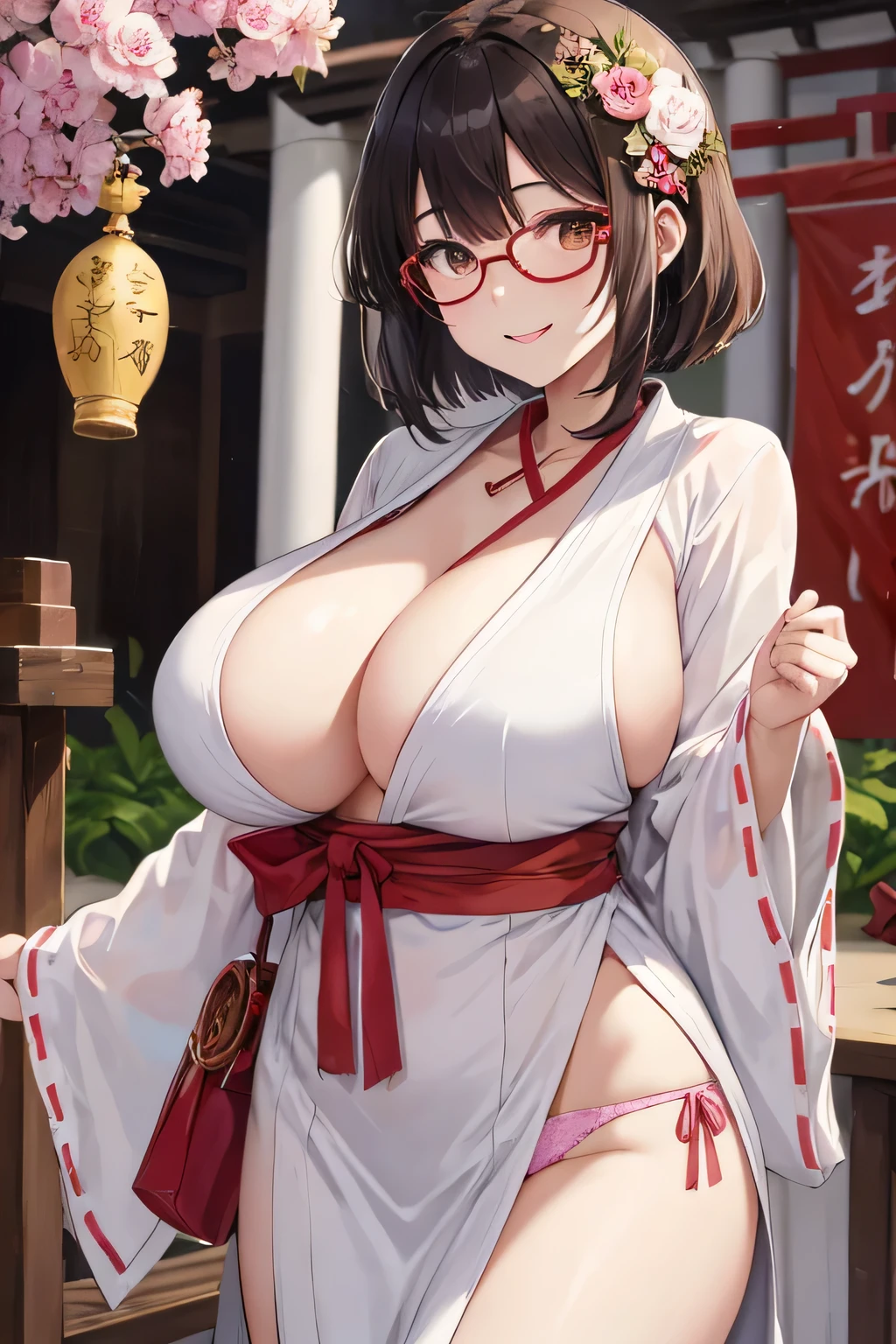 highest quality、High resolution、detailed background、cute10代の美少女、two women、brown hair、bob cut、braided hairstyles、(huge breasts:1.3)、realistic、perfect body line、 pink floral embroidered panties、No bra、cute巫女服、light colored glasses、Glasses、 happy look、smile、sexual expression、Calm atmosphere、 shrine maiden、participate in rituals and festivals、 Perform sacred rituals to offer prayers and blessings in front of the shrine together with the shrine.'chief priest and priests.、 Guide the worshipers、Explaining the rules and etiquette of the shrine.、 It plays the role of supporting worshipers so that they can worship properly.。.、 Seasonal events and events are held at the shrine..、May be involved in planning and management、 Preparation and practice for festivals and kagura、Helping the chief priest and priest at the shrine.、 Shrine management and ritual preparations、Day々business support、 The role of the shrine maiden、This is an important role deeply involved in the maintenance and development of shrine beliefs and festivals.。.、 Activities and services at sacred sites are open to the public..々we are expected to show appreciation and respect、 cute