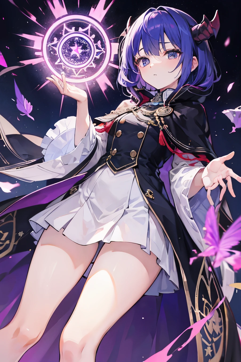 Angle from below、red and black throne、get on your elbows、cloak、uniform、Demon King、A magic sword with a black and purple haze.、Absolutely no horns、((young))、dignified、I can see my thighs、Smooth berry show and hair、Have a little sleeping habit、male character、purple hair、amber eyes、dark、No expression、look down here、magic circle、darkness魔法、darkness、cool