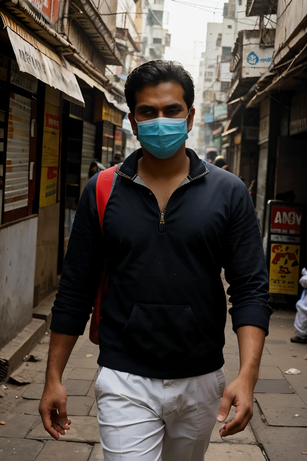 Image of a man wearing mask and having gun walking in the rsiny streets of Mumbai