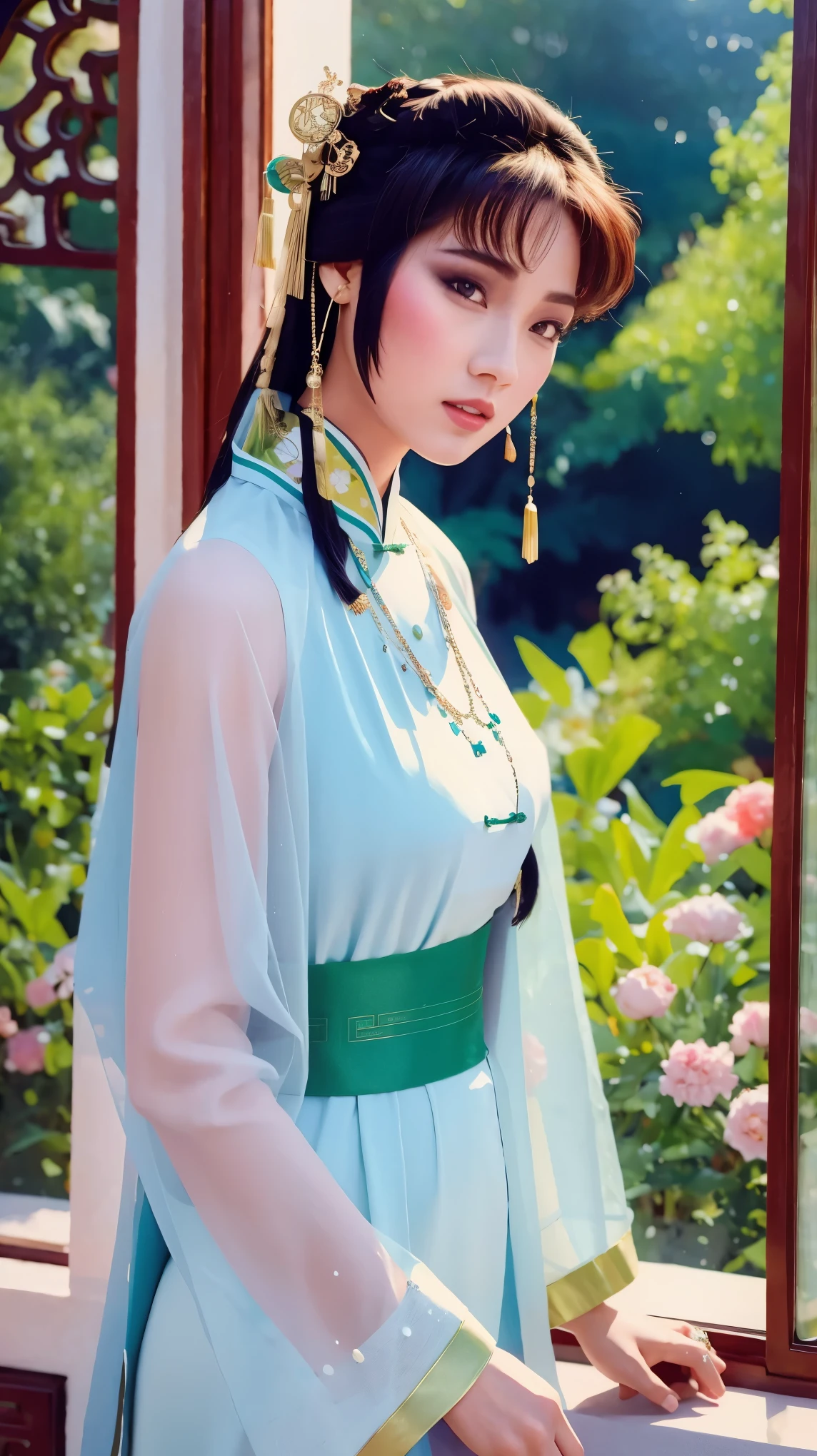fashion model 18 years old [[[[Close-up cleavage]]]], [[[[]]]], [[[[Cole]]]], [[[[bshoulder]]]], perfect eyes, perfect iris，perfect lips，perfect teeth，Perfect skin，fair skin，high dynamic range，movie girl，white chinese clothing，A delicate face，The background is Chinese interior decoration，Outside the window is a mountain of green trees，flowers，4k ultra high definition, ultra high resolution, (lifelike: 1.4), best quality，masterpiece，（pastel colors：1.2）