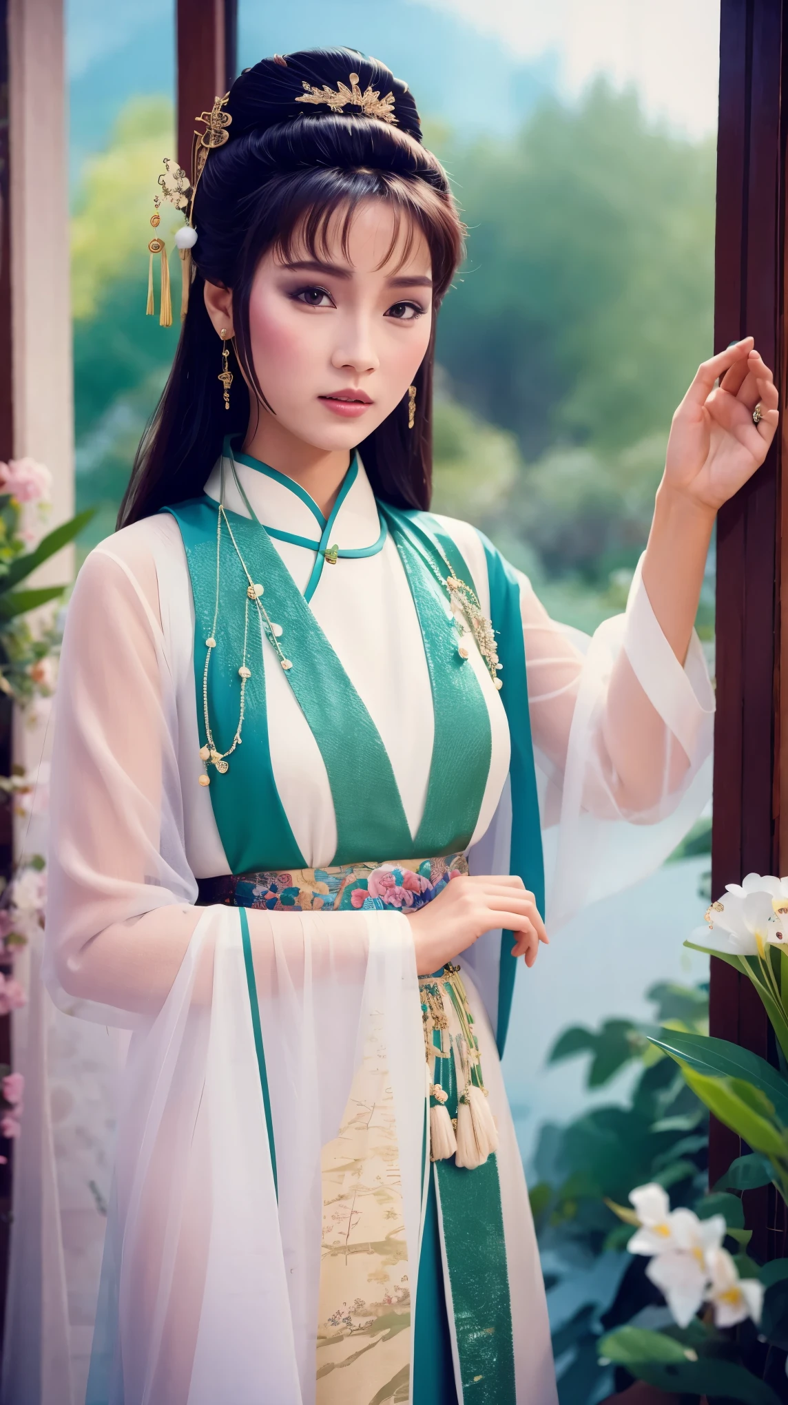 fashion model 18 years old [[[[Close-up cleavage]]]], [[[[]]]], [[[[Cole]]]], [[[[bshoulder]]]], perfect eyes, perfect iris，perfect lips，perfect teeth，Perfect skin，fair skin，high dynamic range，movie girl，white chinese clothing，A delicate face，The background is Chinese interior decoration，Outside the window is a mountain of green trees，flowers，4k ultra high definition, ultra high resolution, (lifelike: 1.4), best quality，masterpiece，（pastel colors：1.2）