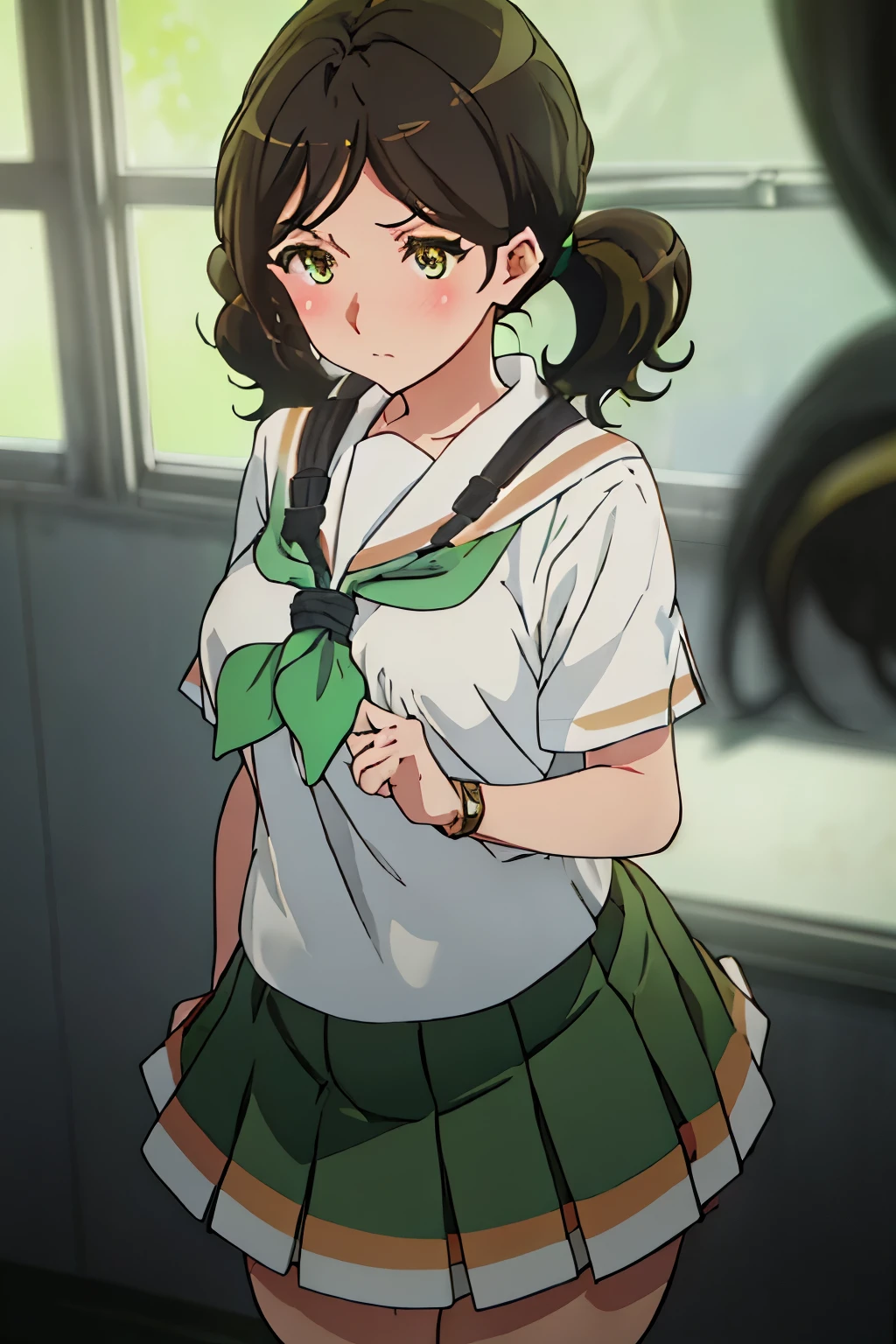 {ogasawara_Haruka_sound euphonium:1.15}, Brown_hair, twin tails, serafuku, blush, Brown_eye, yellow_eye, black_hair, green_crew_collar, green_neckerchief, kitauji_expensive_School_uniform, neckerchief, crew_collar, School_uniform, green_skirt, low_twin tails, short_sleeve, skirt, closed_mouth, short_hair, looking for_in_viewer, shirt, pleined_skirt, short_twin tails, winch, white_shirt, , blurry,(figure:0.8), (detailed and beautiful eyes:1.6), highly detailed face, perfect lighting, Highly detailed CG, (perfect hands, perfect anatomy),masterpiece,High resolution,anime key visual,detailed and beautiful eyes,highest 