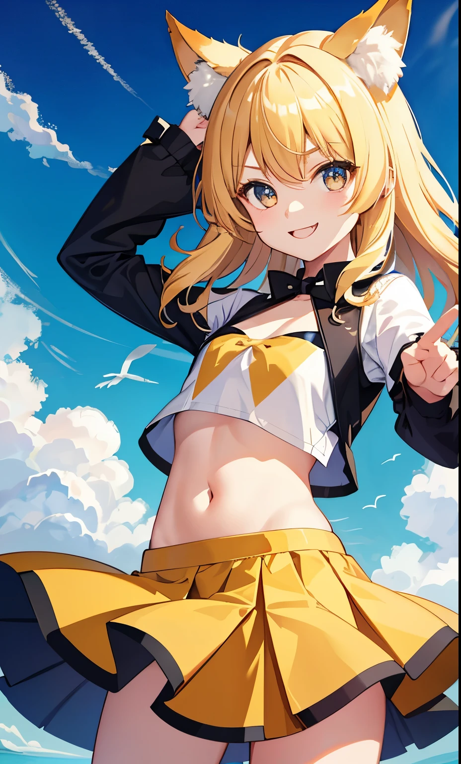 (masutepiece, Best Quality, hight resolution, absurderes, Ultra-detailed:1.3), 1girl in, (Juliet Sterling, Twin-tailed,cheer girl, croptop, clothes writing, Skirt, thighs thighs thighs thighs, Belt bag, wristbands, Midriff, Blonde hair, Blue eyes:1.3)(school gym, Wink, Happy),