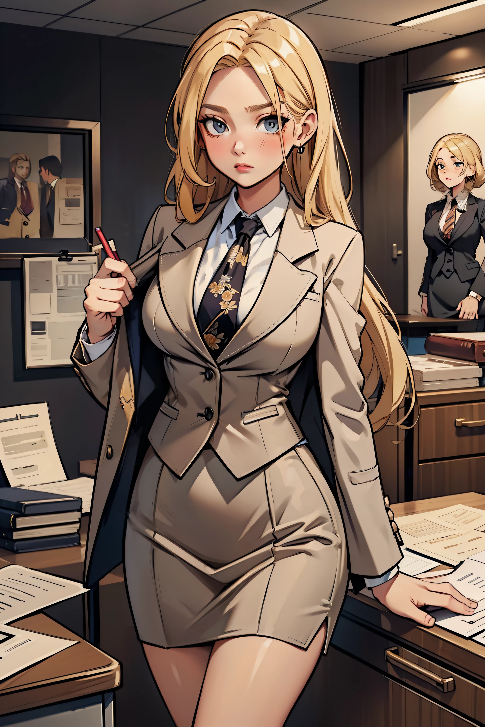 blonde, long hair, intern, papers, skirt suit, (((three-piece suit))), (((necktie))), blazer, (((suit jacket))), (((waistcoat))), double-breasted waistcoat, bodycon miniskirt, pencil skirt, office, surprise,floral pattern