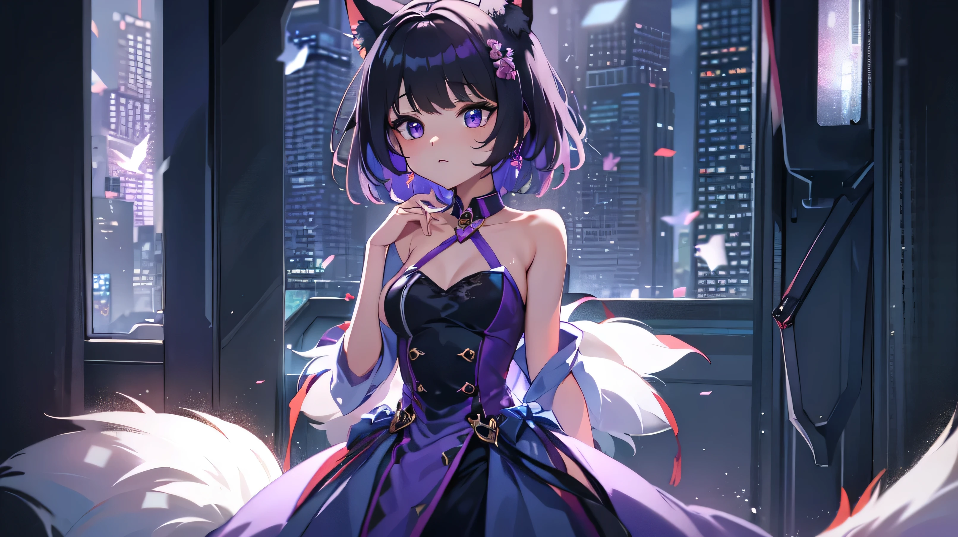 Purple eyes, purple dress, pretty girl, anime style, foxgirl, skinny, short black hair, 8k, hi-res, black collar, earrings, small breast, cute foxgirl, fox tail, princess tiara, vibrant colors, soft lighting